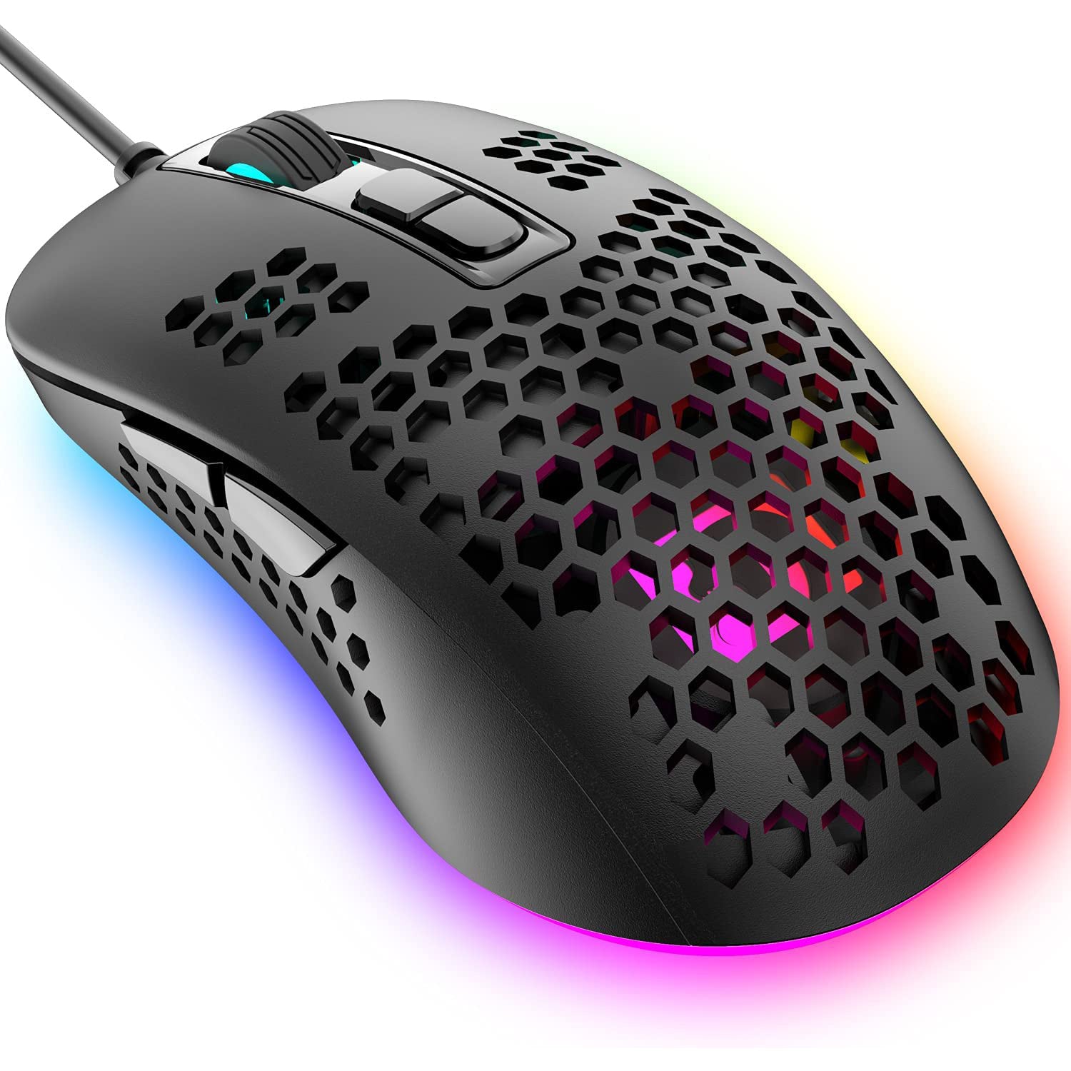 MAMBASNAKE 383 Lightweight Wired Mouse, USB Optical Computer Mice with RGB Backlit, 4 Adjustable DPI Up to 2400, Honeycomb Shell