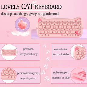 AJAZZ 3060i Wireless Cute Computer Keyboard Lovely Cat Silent Office Bluetooth Keyboard Retro Round Matte Texture Keycap for iPad Laptop