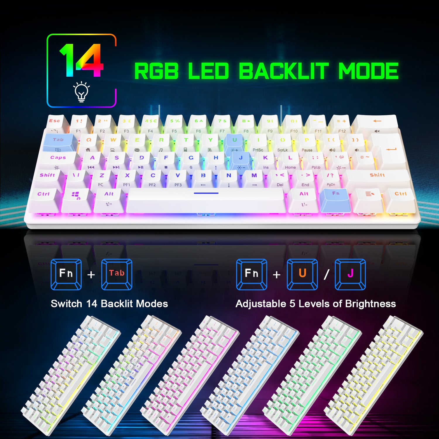 MAGIC-REFINER MK22 Compact 60% Mechanical Gaming Keyboard with all key Anti-ghosting , 61 Key Rainbow RGB Backlit Metal Plate Type-C