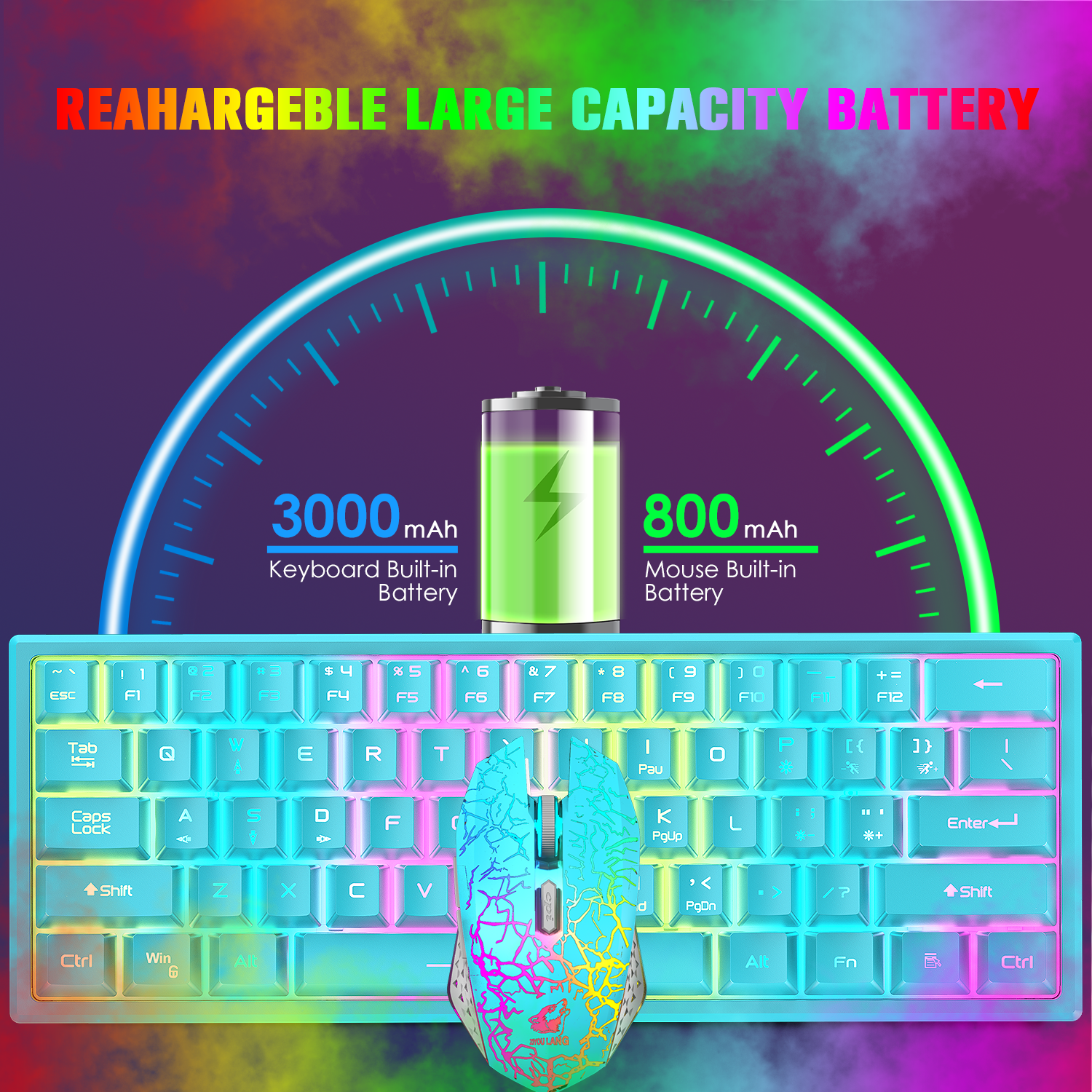 ZIYOU LANG T61 60% Ultra Compact Wireless Gaming Keyboard and Mouse Set with Mousepad 2400 DPI Rainbow Backlit 3800 mAh Rechargeable