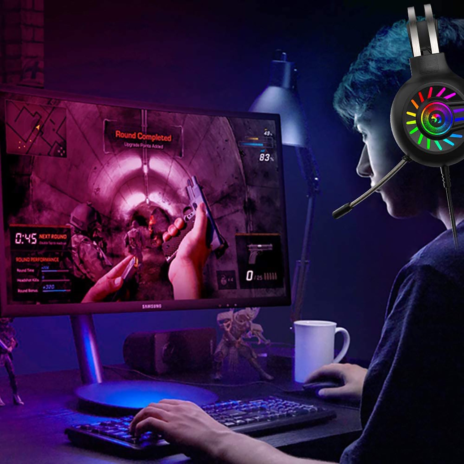 MAMBASNAKE M10 Over-Head Gaming Headphone, 3.5mm Stereo Wired, RGB Rainbow Backlit, Stereo Surround Sound,Noise Canceling Microphone