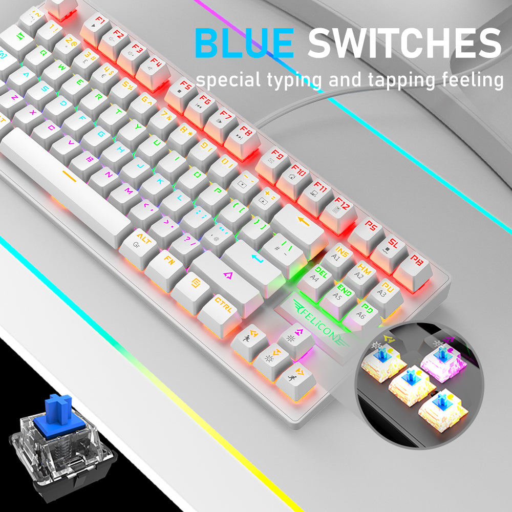 FELiCON K2 Wired 80% Percent Mechanical Gaming Keyboard UK Layout Rainbow Light Up Keyboard Compact 88 Keys Ergonomic for PC Mac