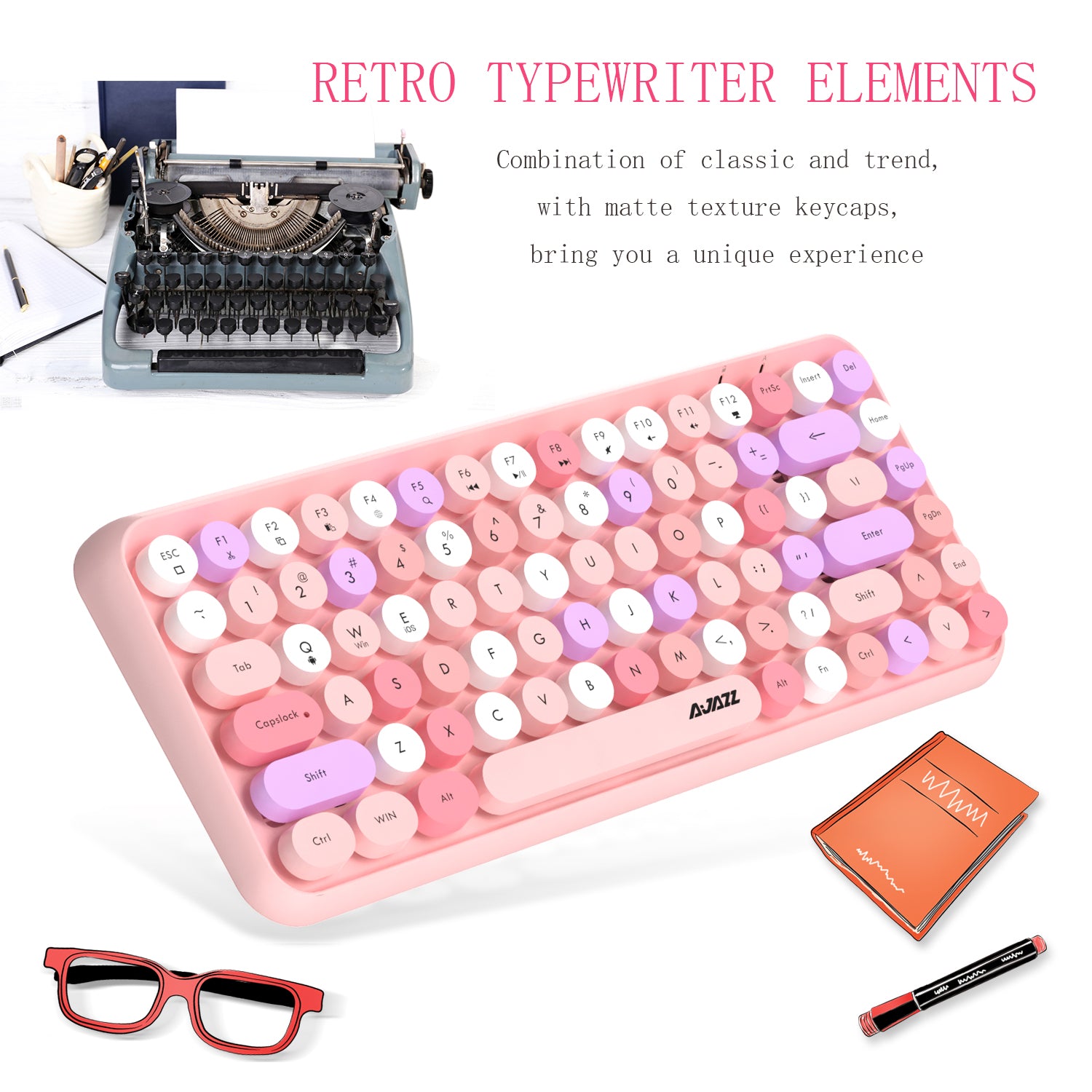 AJAZZ 308i Retro Wireless Keyboard, Cute Round Compact 84 Keys Silent Bluetooth Keyboard, Typewriter Design for iPad, PC, Laptop