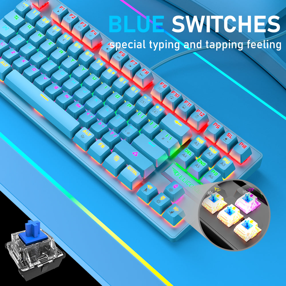 FELiCON K2 Wired 80% Percent Mechanical Gaming Keyboard UK Layout Rainbow Light Up Keyboard Compact 88 Keys Ergonomic for PC Mac