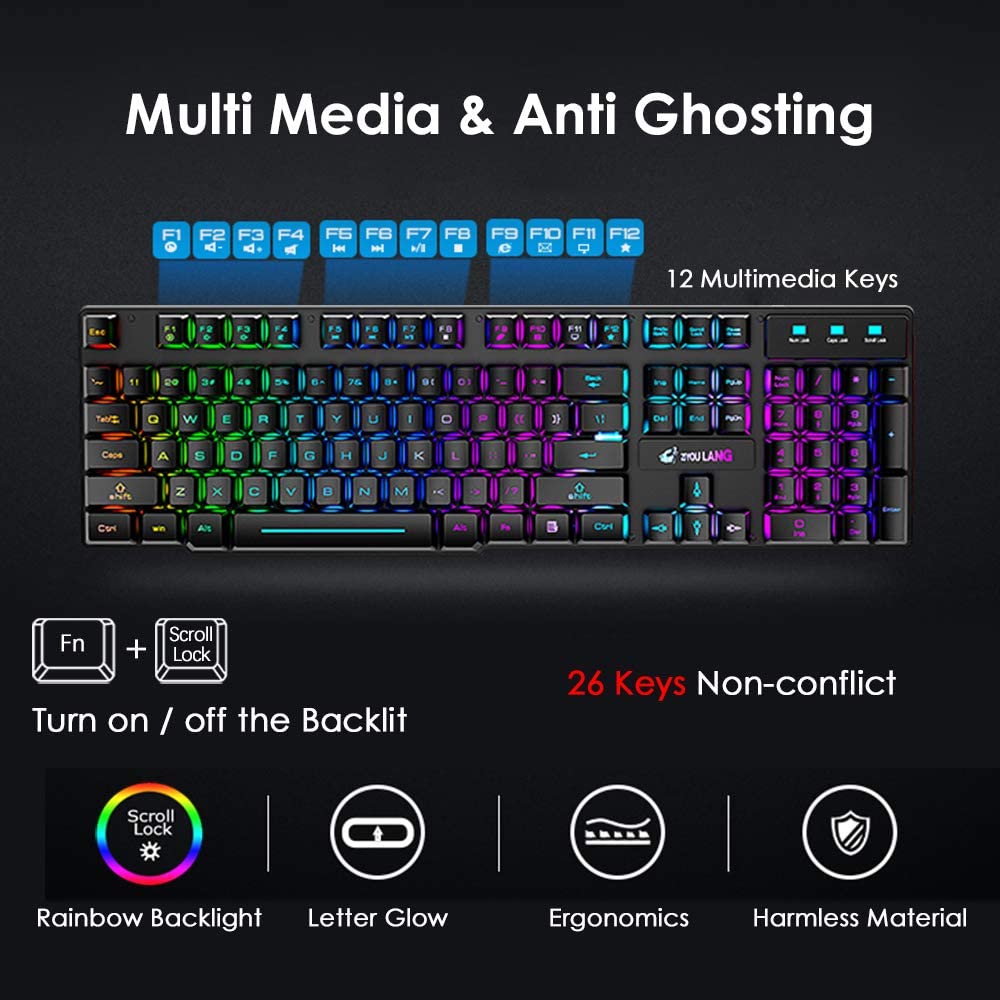 ZIYOU LANG T3 Wireless Rainbow Backlit 2.4G Rechargeable Mechanical Feel Gaming Keyboard+2400DPI 6 Buttons LED Gaming Mouse+Mouse Pad