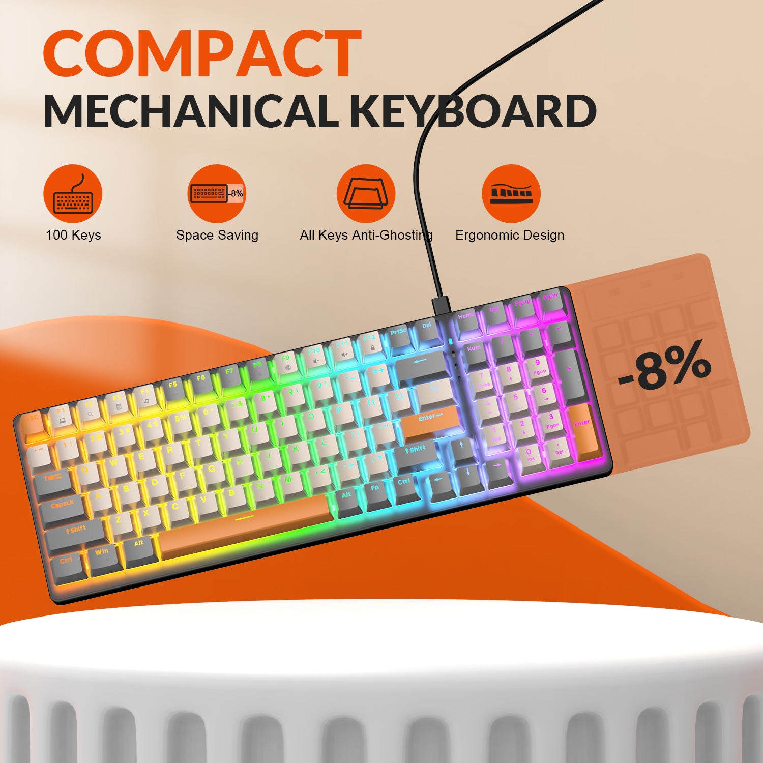 ZIYOU LANG K3 Mechanical Keyboard Ultra-Compact Mini 98-Key Wired Type C USB Water-resistant RGB Illuminated Clicky Linear Switch