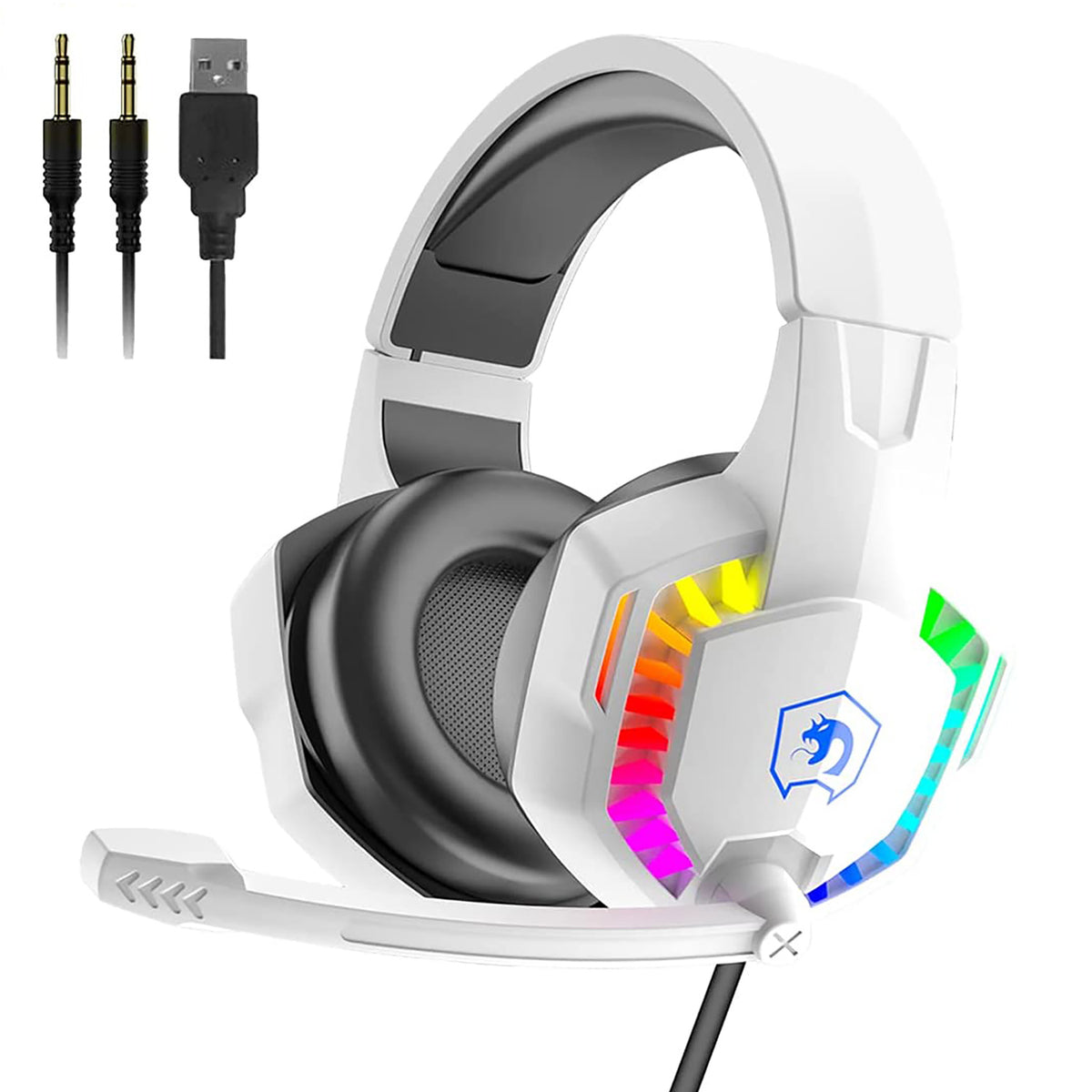 Cuffie da gioco cablate, cuffie auricolari con cancellazione del rumore con microfono per PC PS4 Controller Xbox One PS5, retroilluminazione a LED arcobaleno, surround bassi, cuffie con memoria morbida per giochi per laptop Mac (bianco)