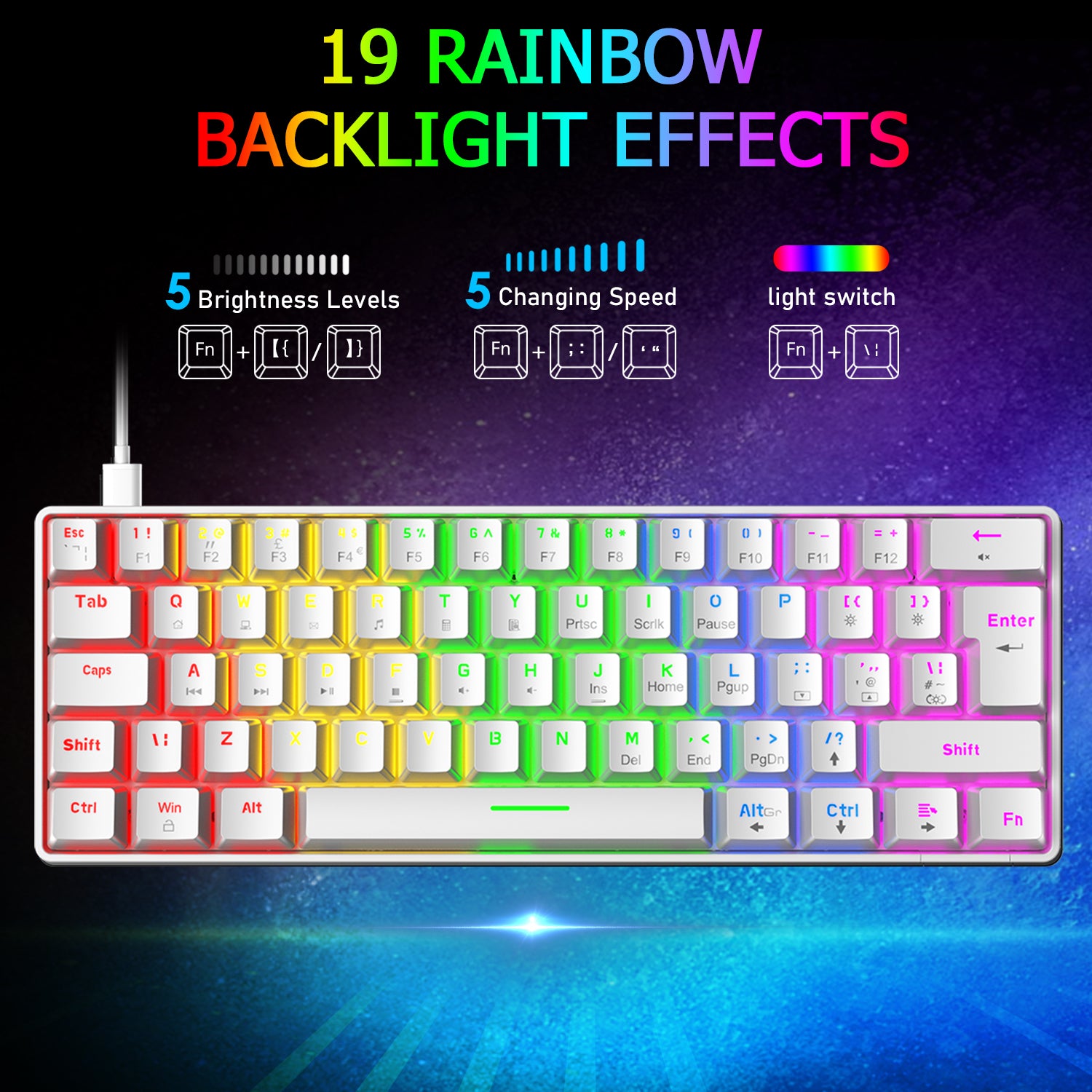 ZIYOU LANG T60 Mini 60% Percent Gaming Mechanical Keyboard UK Layout 19 Rainbow Light Up Compact Keyboard USB-C Cable for PC MAC