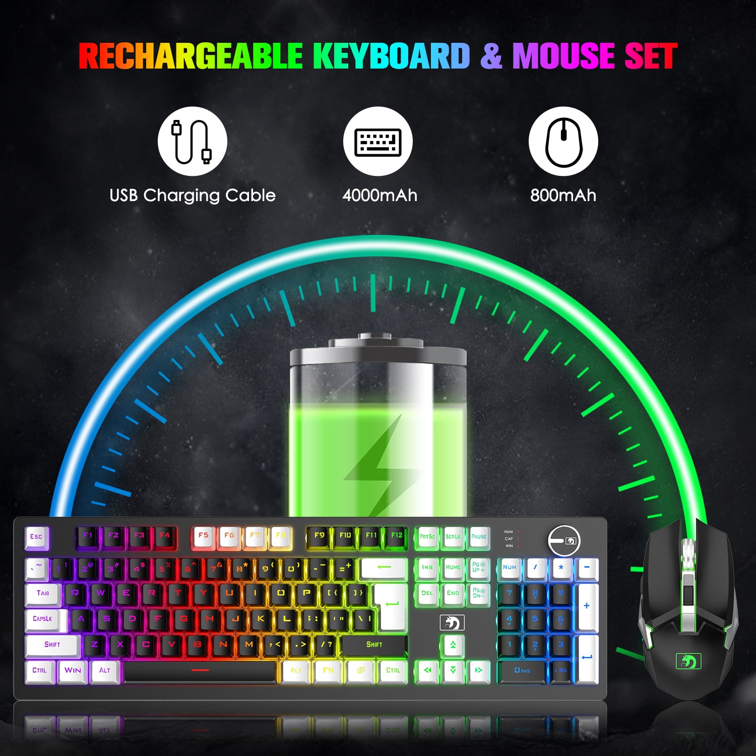 MAMBASNAKE K620 Wireless Gaming Keyboard & Mouse Combo,Mechanical Feel 100% Light Up Keyboard 4800mAh Rechargeable+PC Gaming Mice