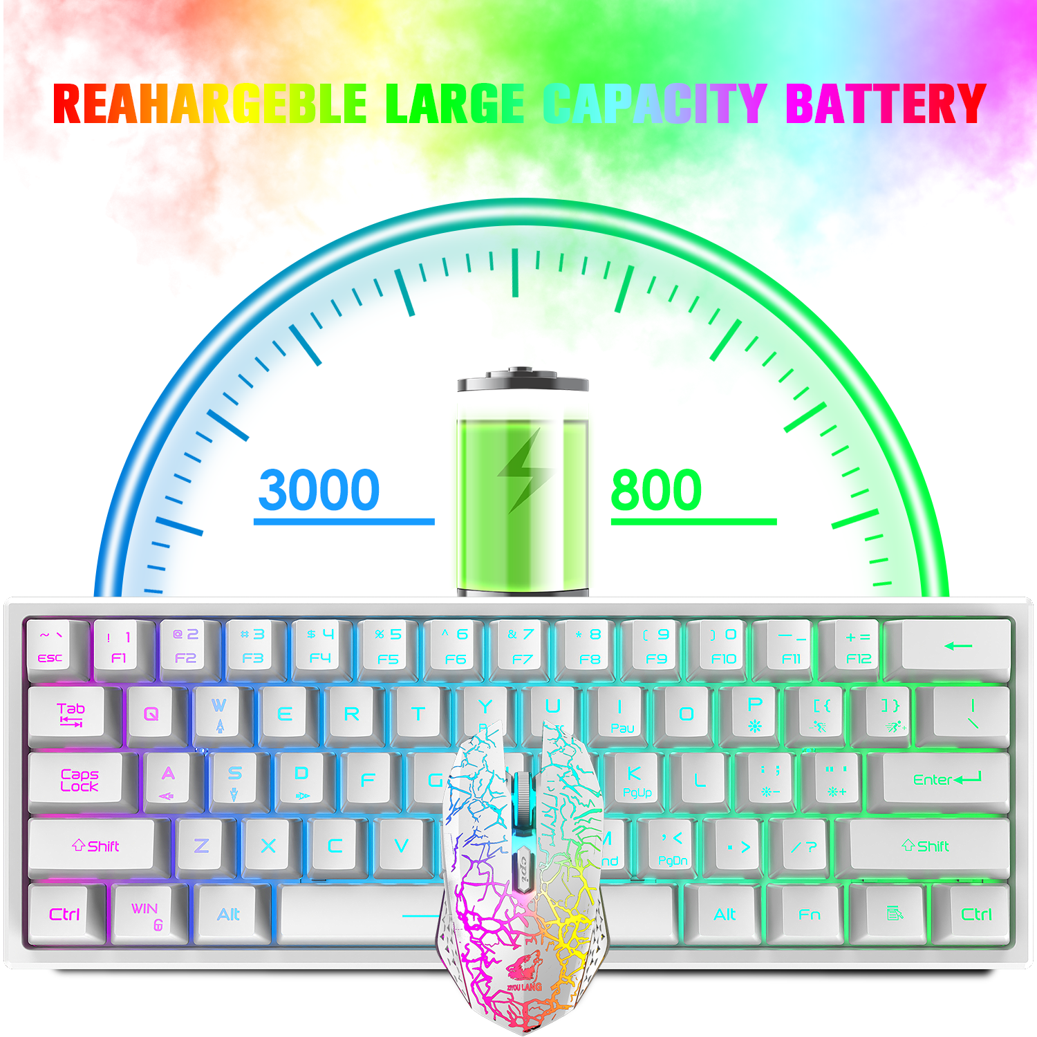 ZIYOU LANG T61 60% Ultra Compact Wireless Gaming Keyboard and Mouse Set with Mousepad 2400 DPI Rainbow Backlit 3800 mAh Rechargeable