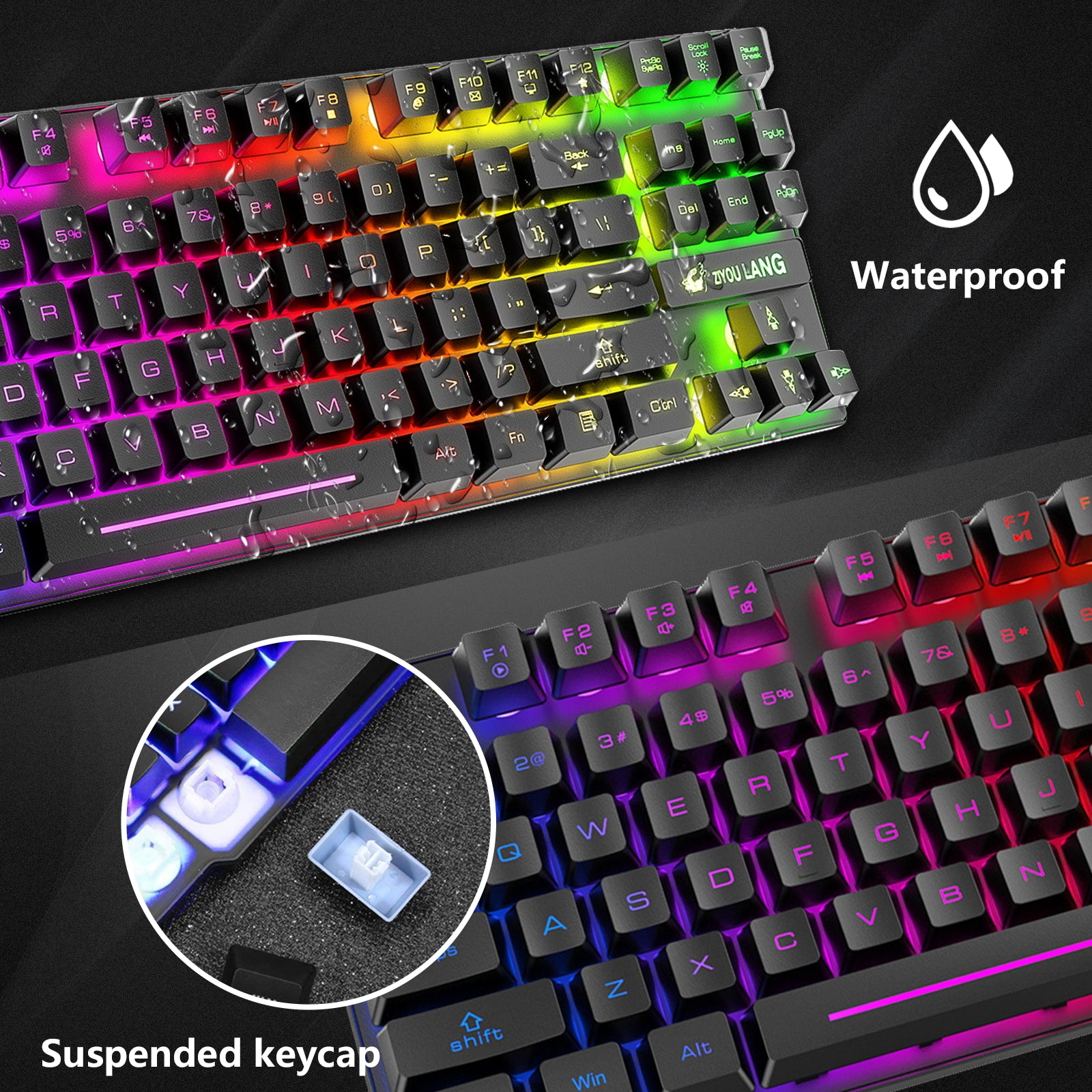 ZIYOU LANG T87 Wireless Gaming Keyboard and Mouse Combo with 87 Key Rainbow LED Backlight Rechargeable 3800mAh Battery Mechanical Feel Anti-ghosting Ergonomic Waterproof RGB Mute Mice for Computer PC Gamer (Black)