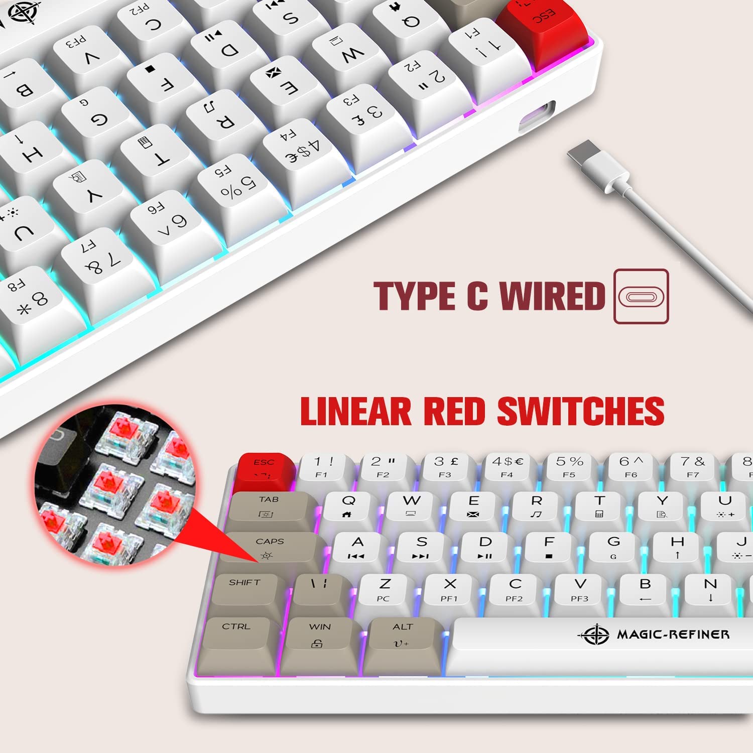 MAGIC-REFINER MK21 UK Layout 60% Mechanical Gaming Keyboard Mini Compact Wired Type C Dye-Sublimation PBT USB Water-resistant 14 Chroma RGB Illuminated