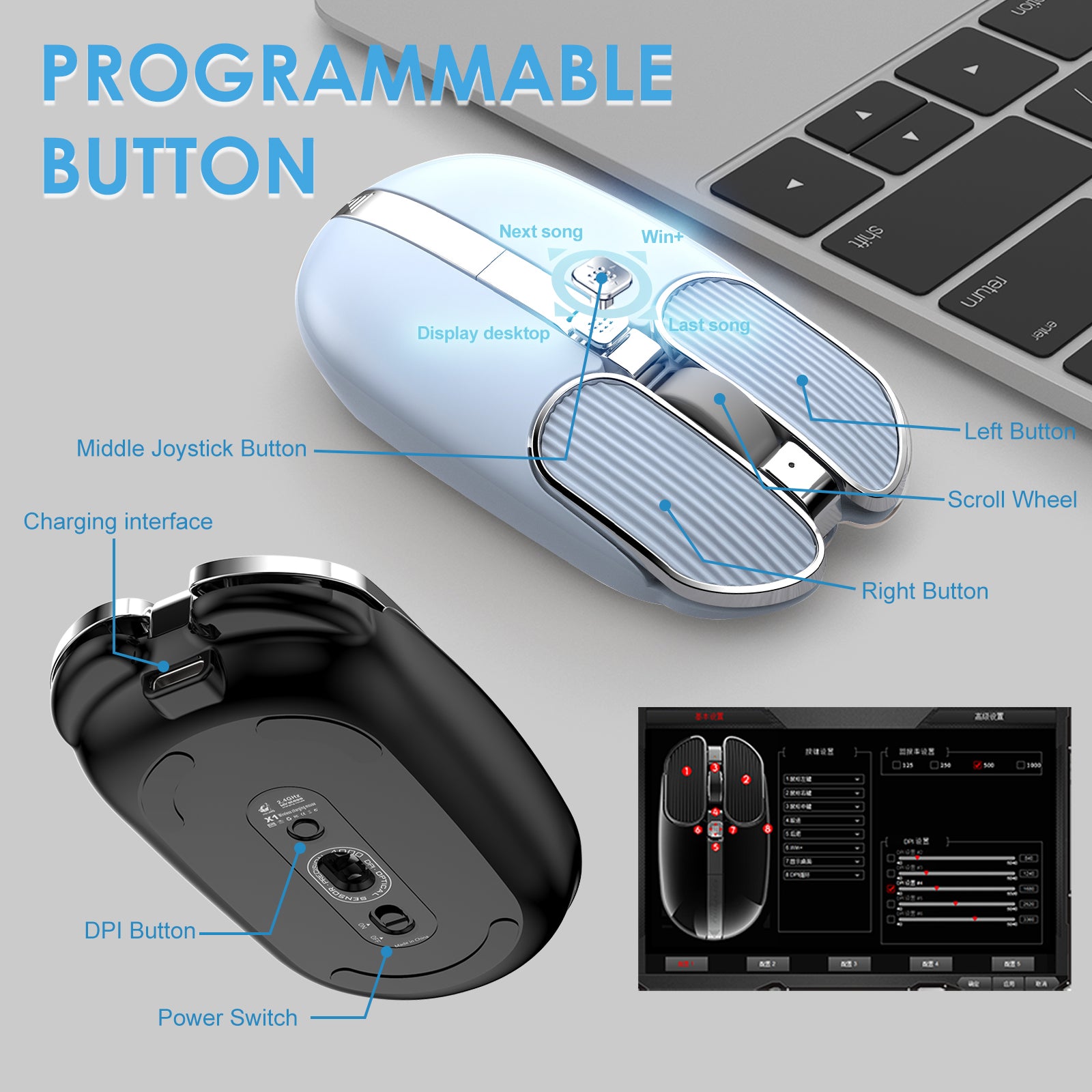 ZIYOU LANG X1 Wireless Rechargable  Mouse , 2.4G Cordless Light Silent Office Mice , 3200 DPI, 8 Programmable Joystick Button