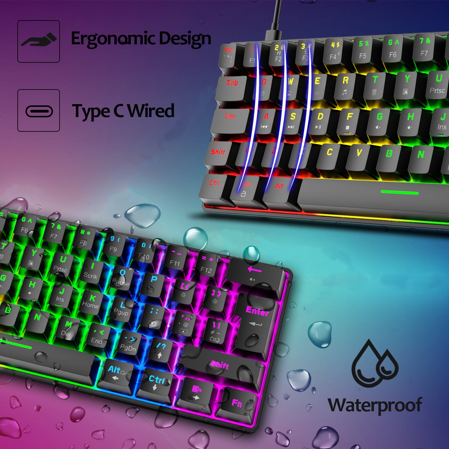 ZIYOU LANG T60 Mini 60% Percent Gaming Mechanical Keyboard UK Layout 19 Rainbow Light Up Compact Keyboard USB-C Cable for PC MAC