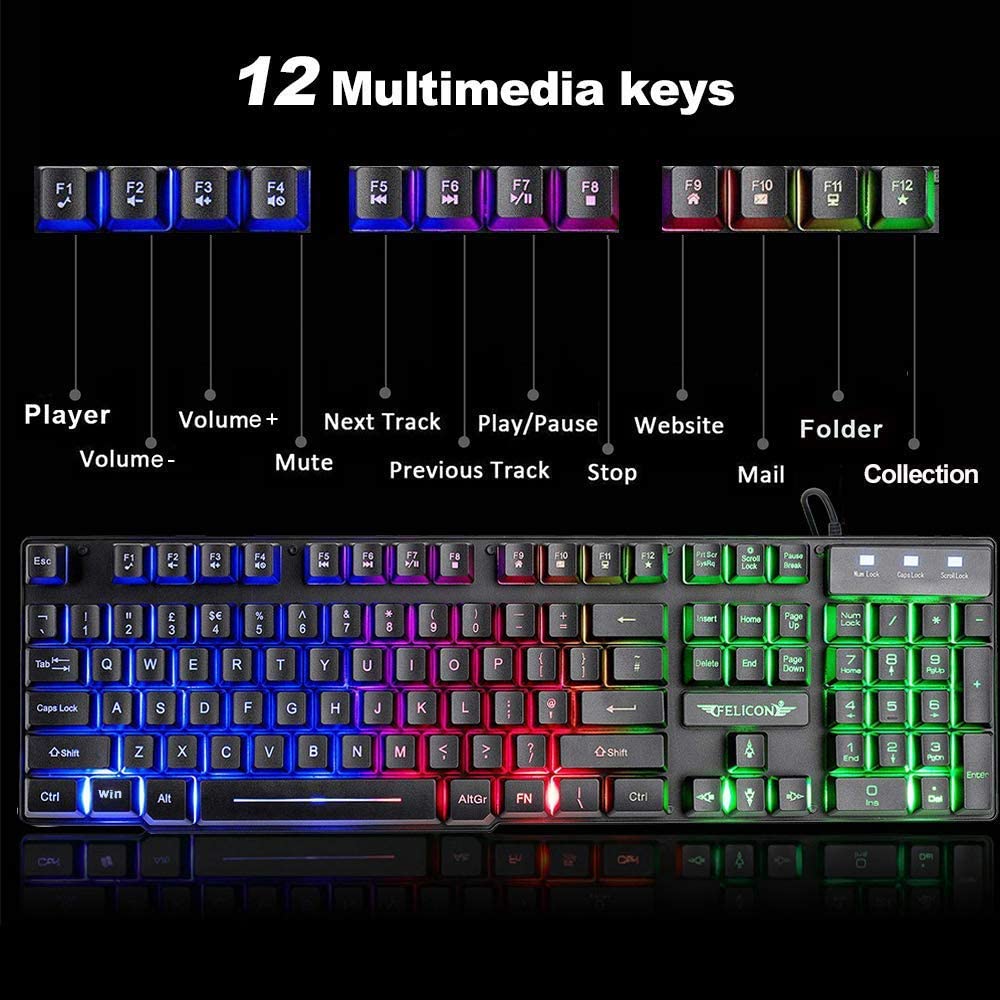 FELiCON T6 UK Layout Gaming Keyboard and Mouse Sets Rainbow Backlit Usb Gaming Keyboard  2400DPI 6 Buttons Optical  Gaming Mouse