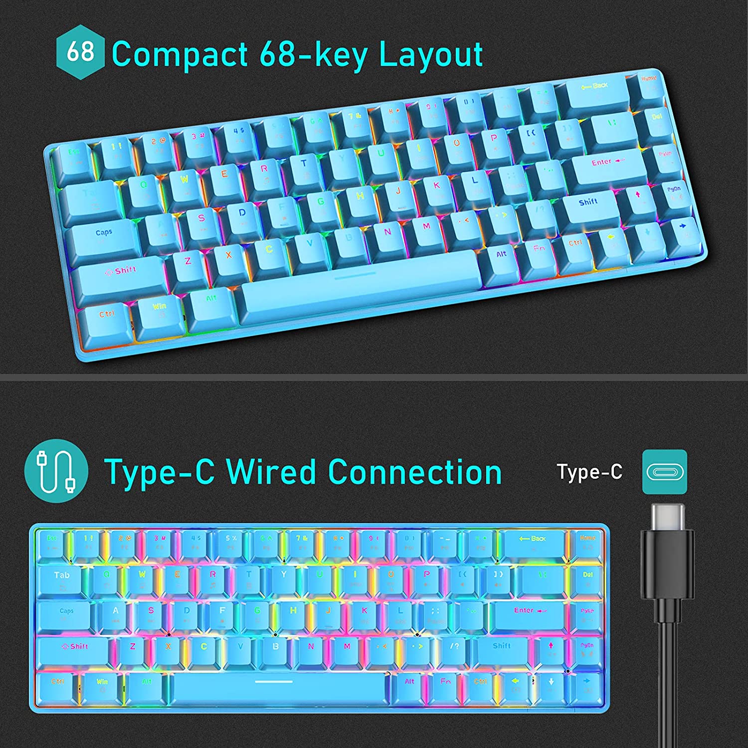 ZIYOU LANG T8 60% Mechanical Mini Gaming Keyboard Compact Type C Wired 68 Keys LED Backlit USB Waterproof Keyboard 18 Chroma RGB