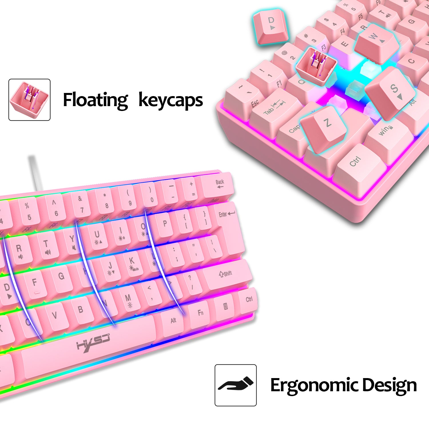 HXSJ V700 60% Gaming Keyboard, 61 Keys Portable Mini Compact Keyboard, 11 RGB Illuminated LED Backlit Waterproof Keyboard