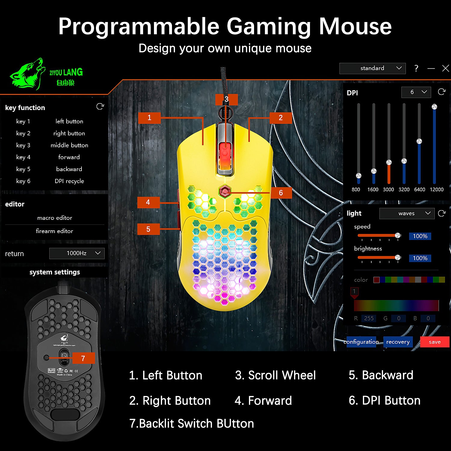 MAMBASNAKE M5 Wired Lightweight Gaming Mouse,26 RGB Backlit Mice with 7 Buttons Programmable Driver,PAW3325 12000DPI Mice, Honeycomb Shell