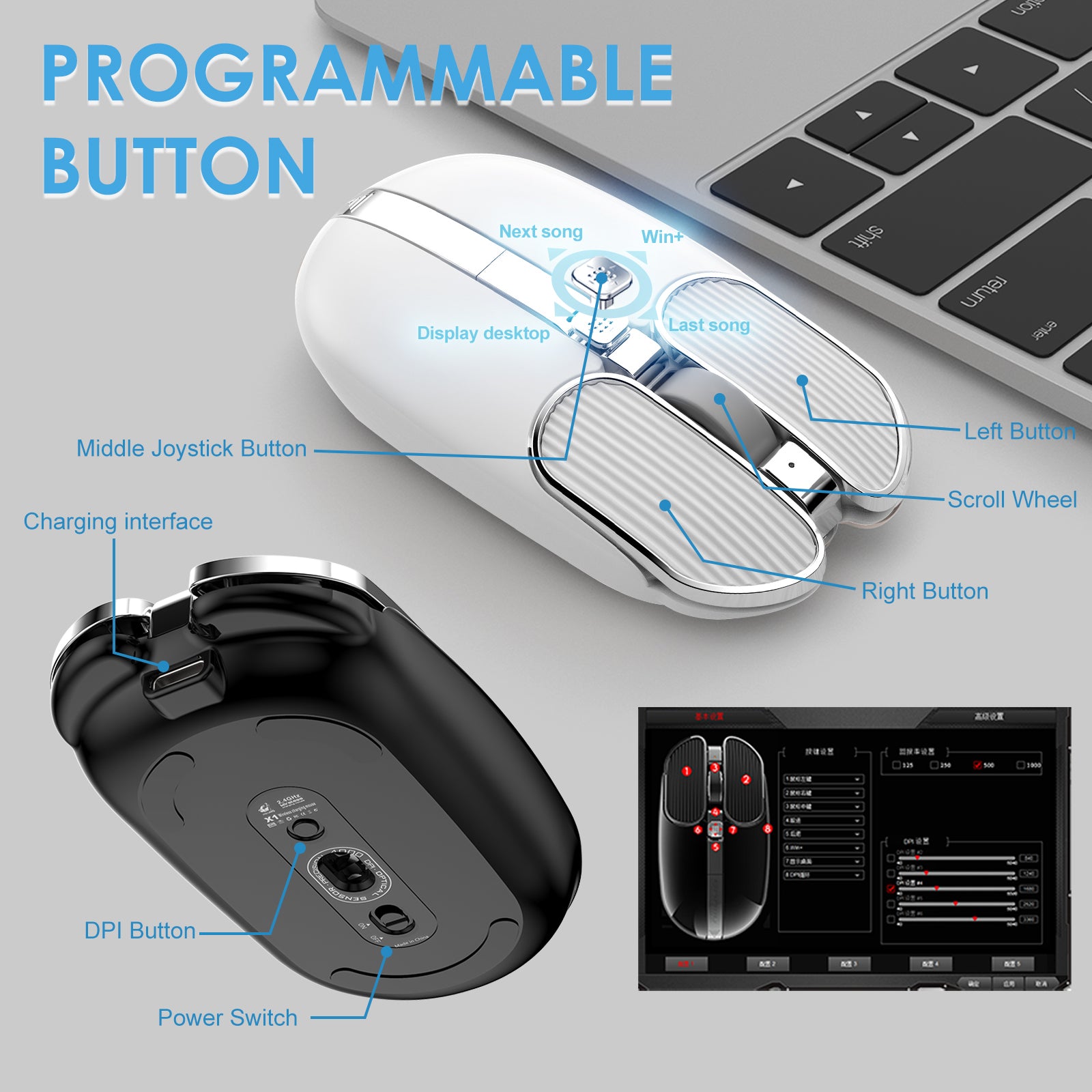 ZIYOU LANG X1 Wireless Rechargable  Mouse , 2.4G Cordless Light Silent Office Mice , 3200 DPI, 8 Programmable Joystick Button