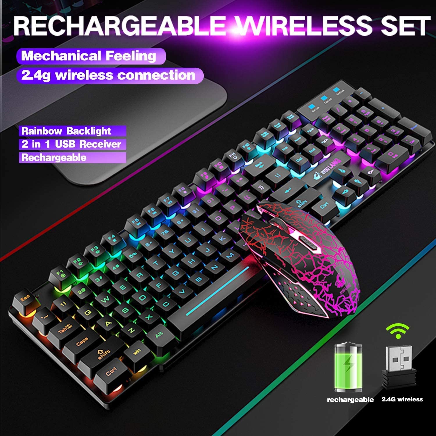 ZIYOU LANG T3 Wireless Rainbow Backlit 2.4G Rechargeable Mechanical Feel Gaming Keyboard+2400DPI 6 Buttons LED Gaming Mouse+Mouse Pad