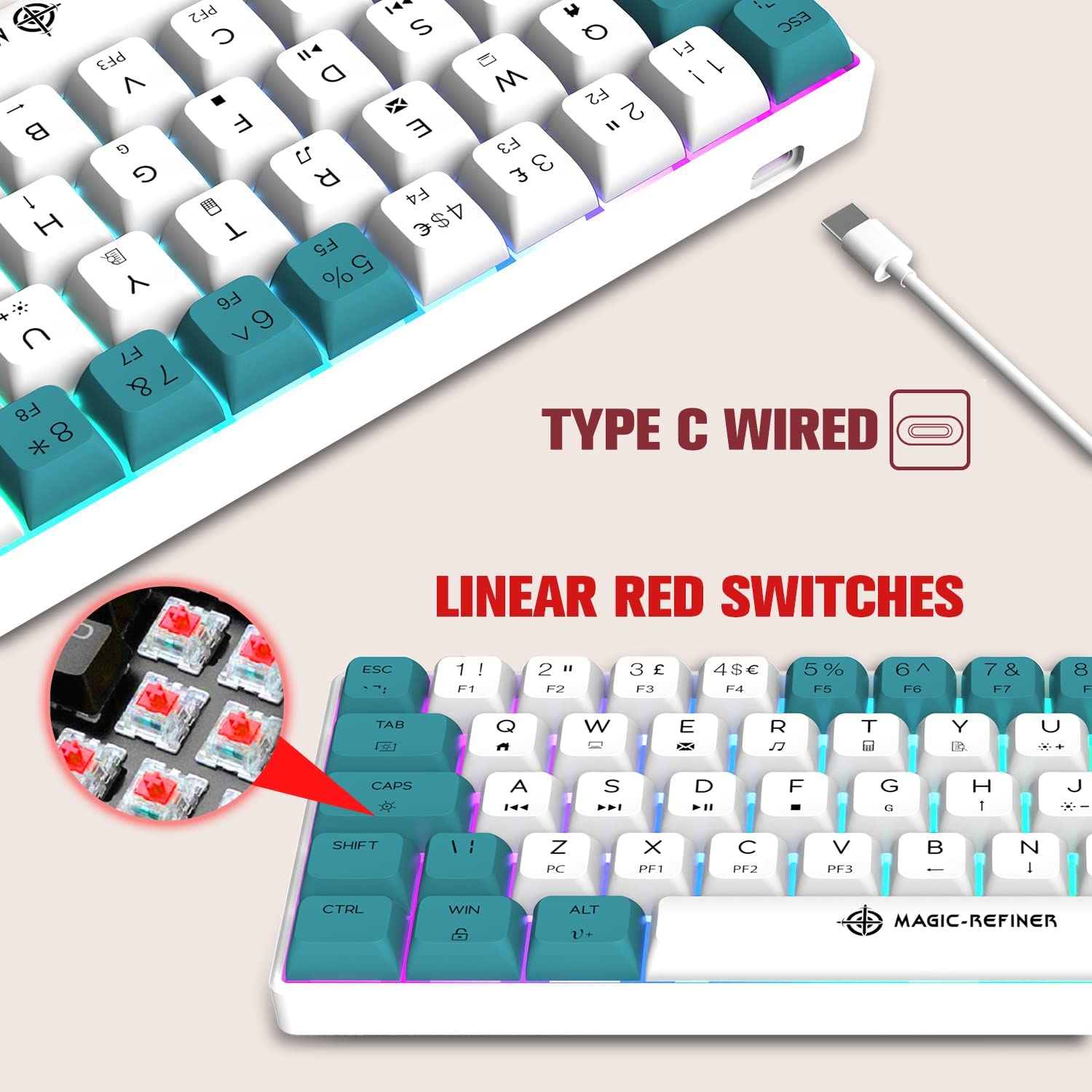 MAGIC-REFINER MK21 UK Layout 60% Mechanical Gaming Keyboard Mini Compact Wired Type C Dye-Sublimation PBT USB Water-resistant 14 Chroma RGB Illuminated