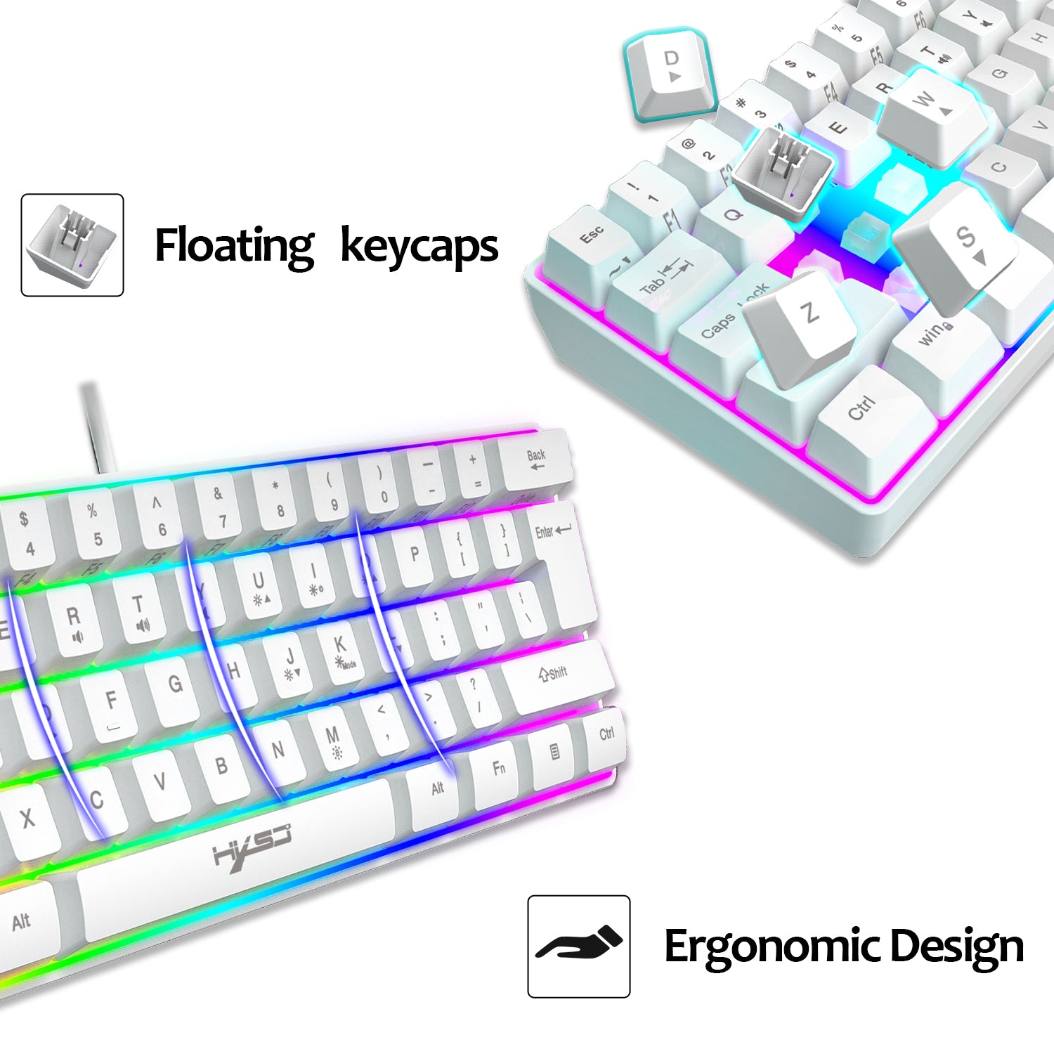 HXSJ V700 60% Gaming Keyboard, 61 Keys Portable Mini Compact Keyboard, 11 RGB Illuminated LED Backlit Waterproof Keyboard