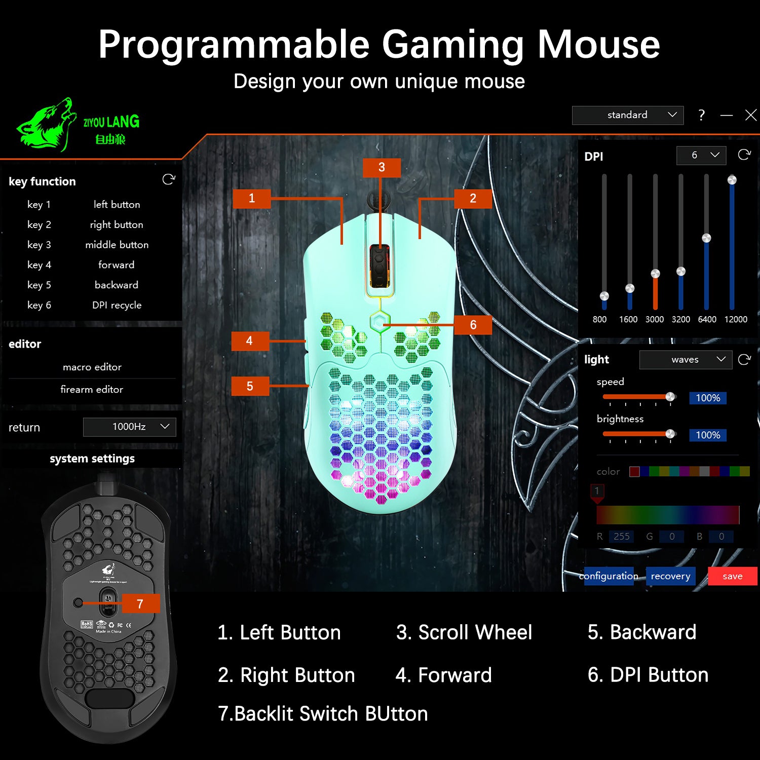 MAMBASNAKE M5 Wired Lightweight Gaming Mouse,26 RGB Backlit Mice with 7 Buttons Programmable Driver,PAW3325 12000DPI Mice, Honeycomb Shell