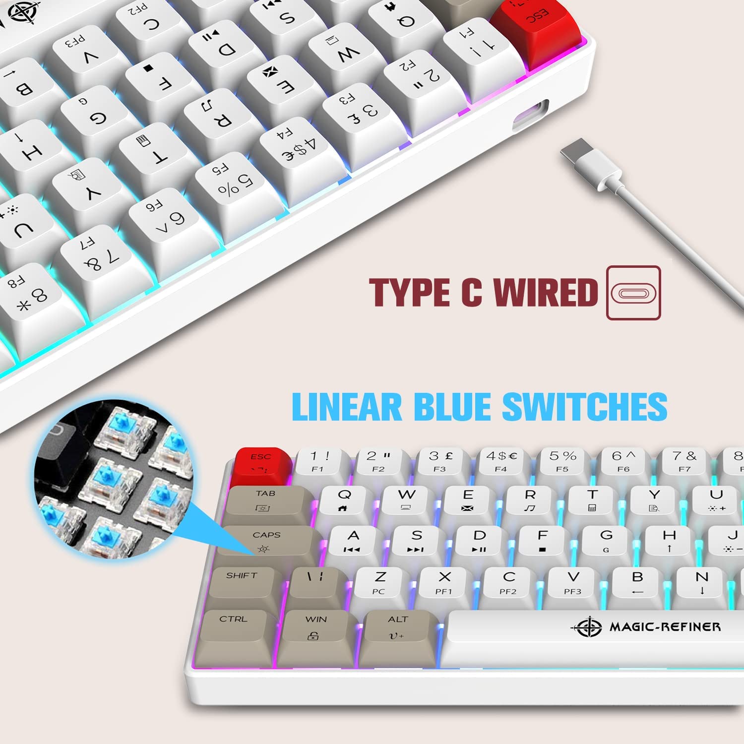 MAGIC-REFINER MK21 UK Layout 60% Mechanical Gaming Keyboard Mini Compact Wired Type C Dye-Sublimation PBT USB Water-resistant 14 Chroma RGB Illuminated