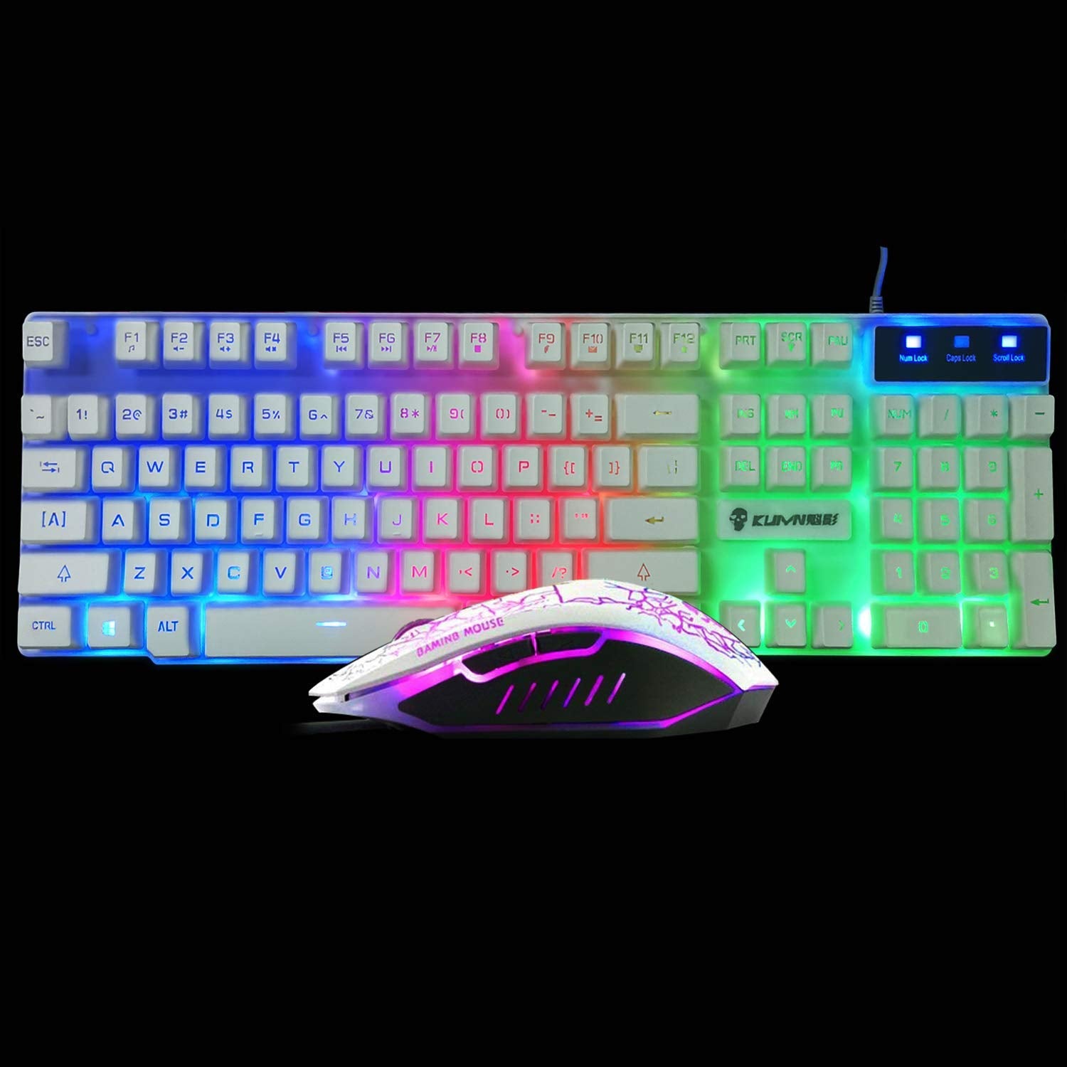 KUIYN T6 Wired Mechanical Feel Gaming Keyboard Rainbow LED 104 Keys USB illuminated light up+2400DPI 6 Buttons Optical Gaming Mouse Mice+Mouse Pad