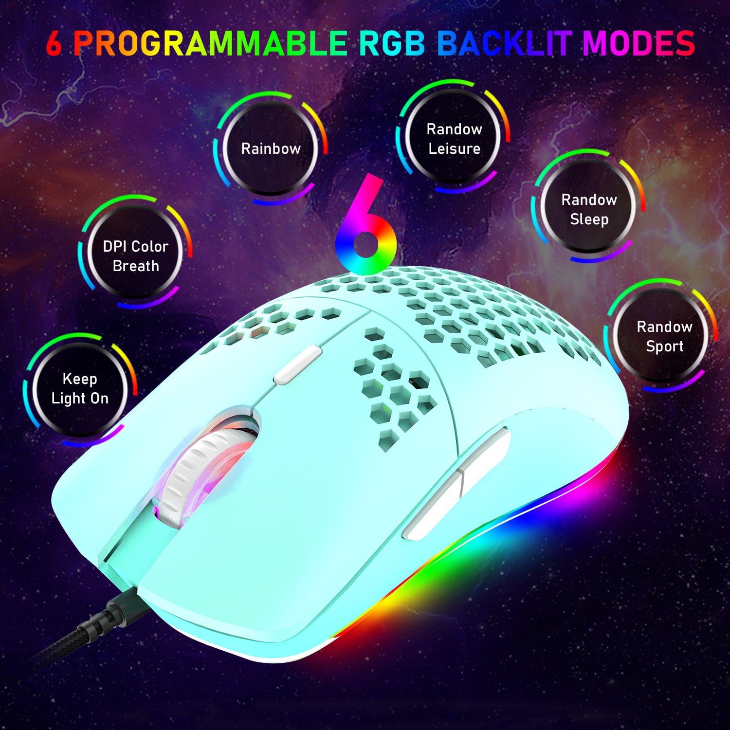 ZIYOU LANG M1 Wired Lightweight Gaming Mouse,6 RGB Backlit with 7 Buttons Programmable, Adjustable 6400DPI ,Ultralight Honeycomb Shell