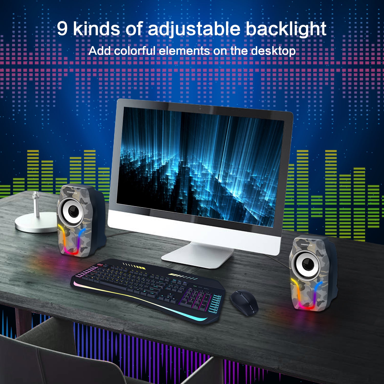 MAMBASNAKE CS-225 Stereo Volume Control Gaming Computer Speakers with 6 RGB Backlit Effect,USB Powered Wired Laptop Speakers with 3.5mm