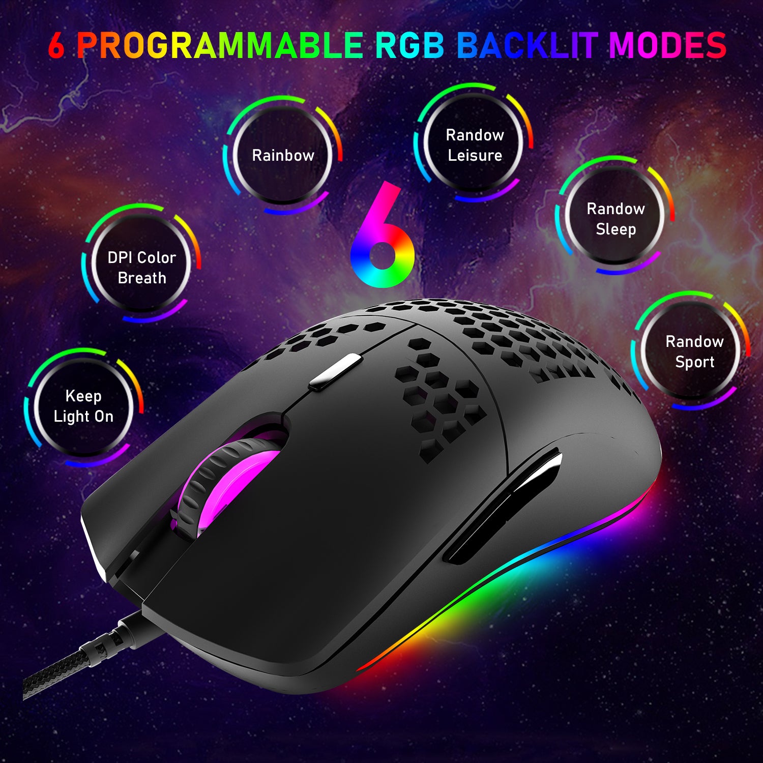 ZIYOU LANG M1 Wired Lightweight Gaming Mouse,6 RGB Backlit with 7 Buttons Programmable, Adjustable 6400DPI ,Ultralight Honeycomb Shell