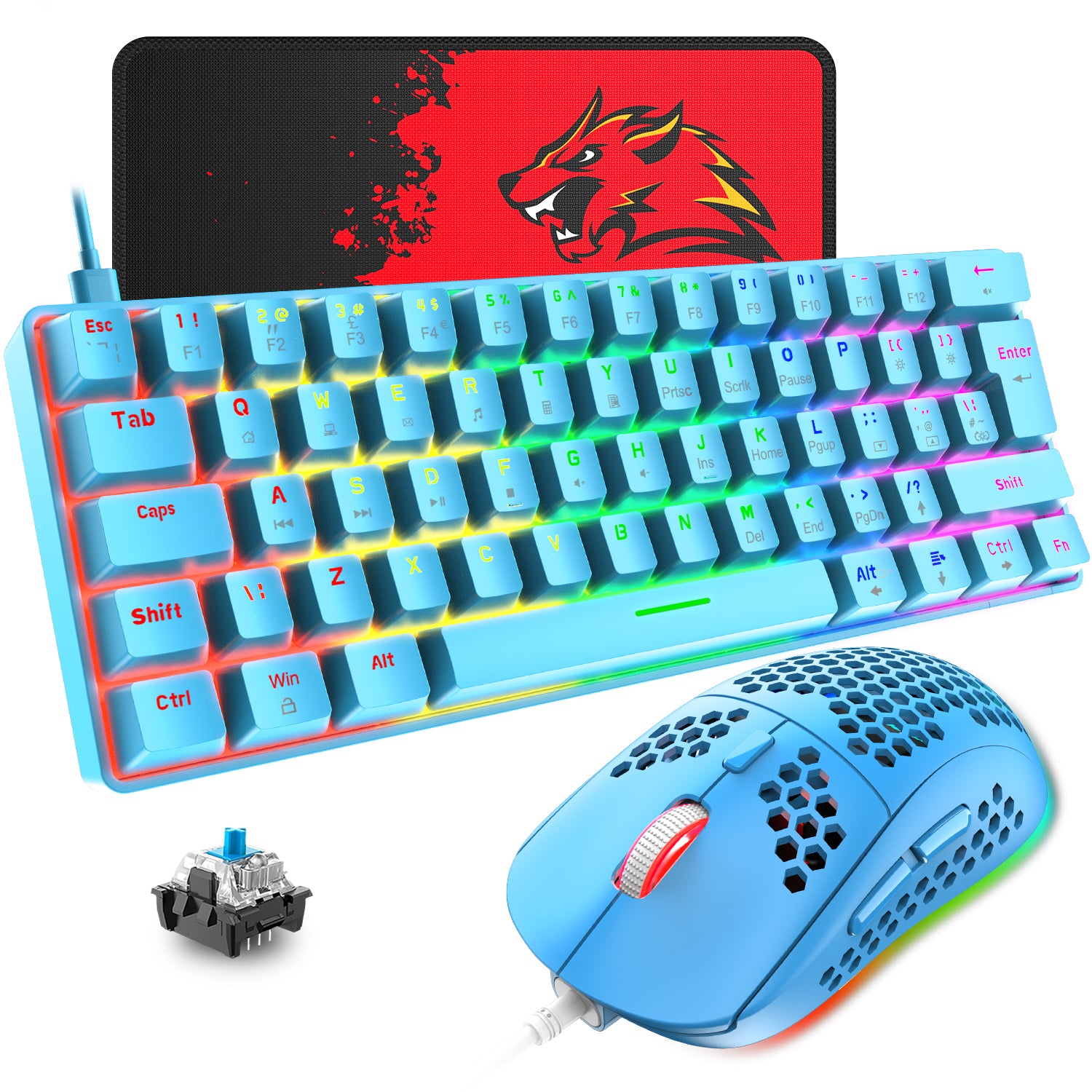 ZIYOU LANG T60 Keyboard Mouse Set, 60% Compact 62 Key USB C Backlit Mechanical Gaming Keyboard, 6400DPI RGB Gaming Mouse, Mice Pad