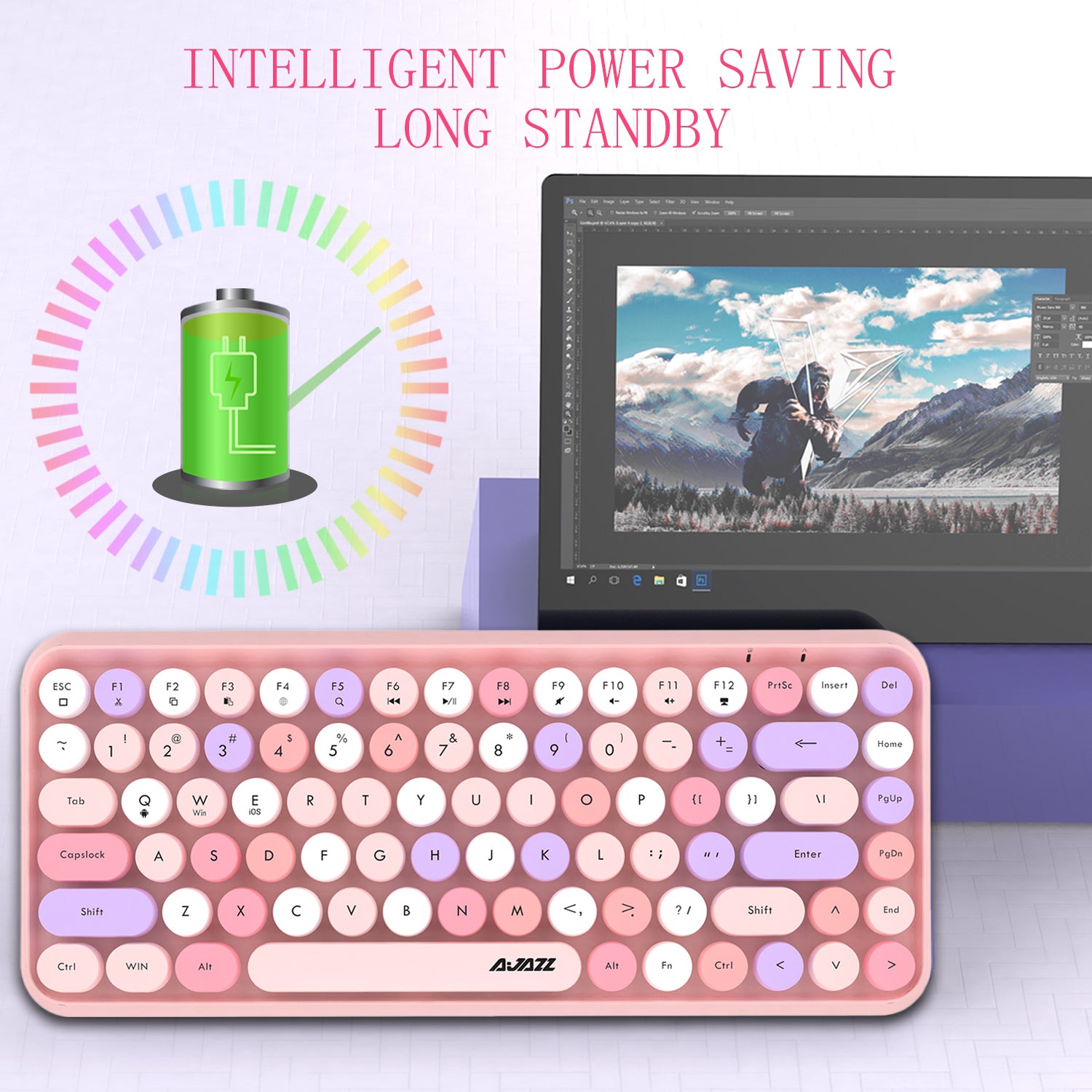 AJAZZ 308i Retro Wireless Keyboard, Cute Round Compact 84 Keys Silent Bluetooth Keyboard, Typewriter Design for iPad, PC, Laptop