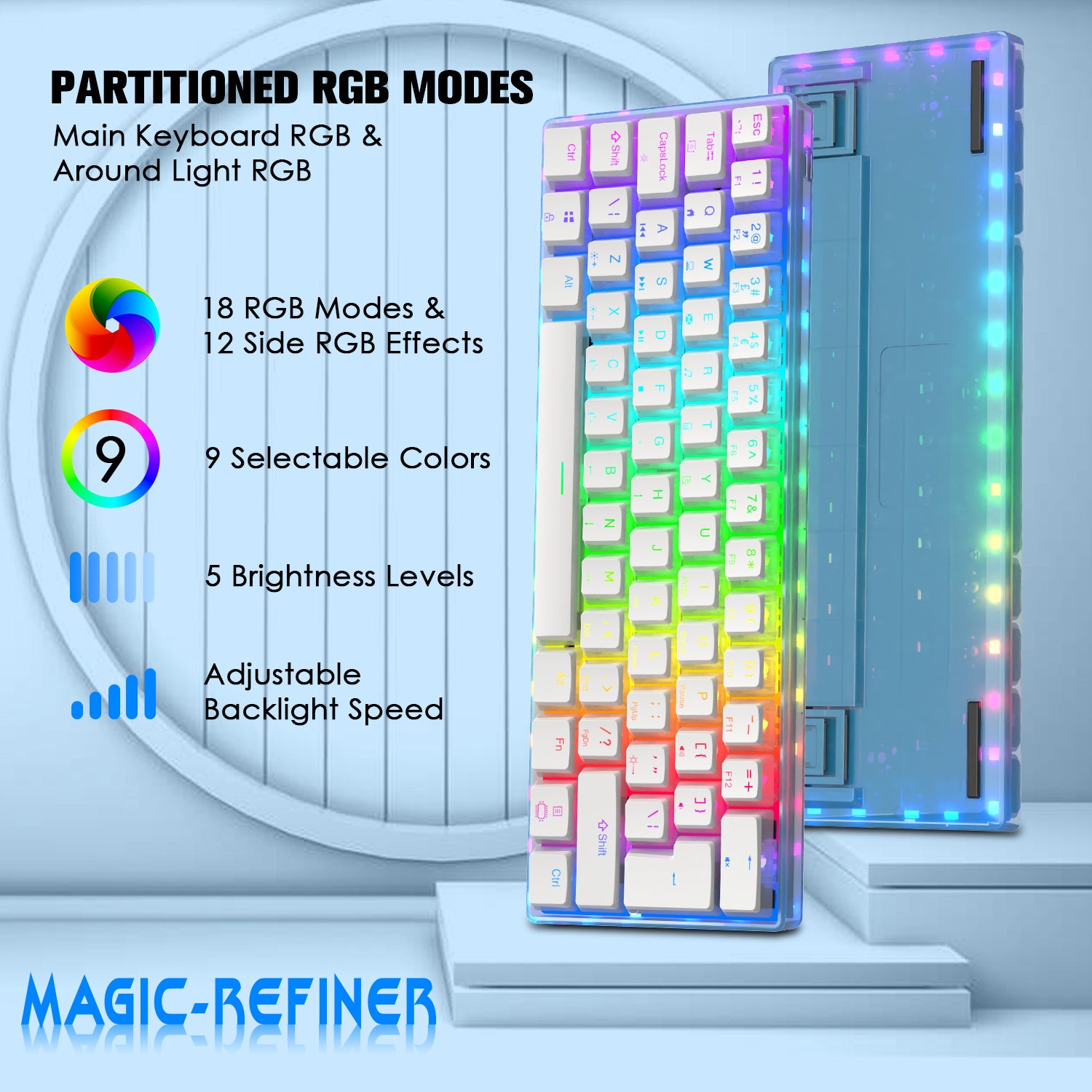 MAGIC-REFINER MK-1 60% Wired Mechanical Gaming Keyboard, PBT Pudding Keycaps, Hot-Swappable, 18 RGB Backlit, Outemu Red Switch, for PC/PS4/Xbox