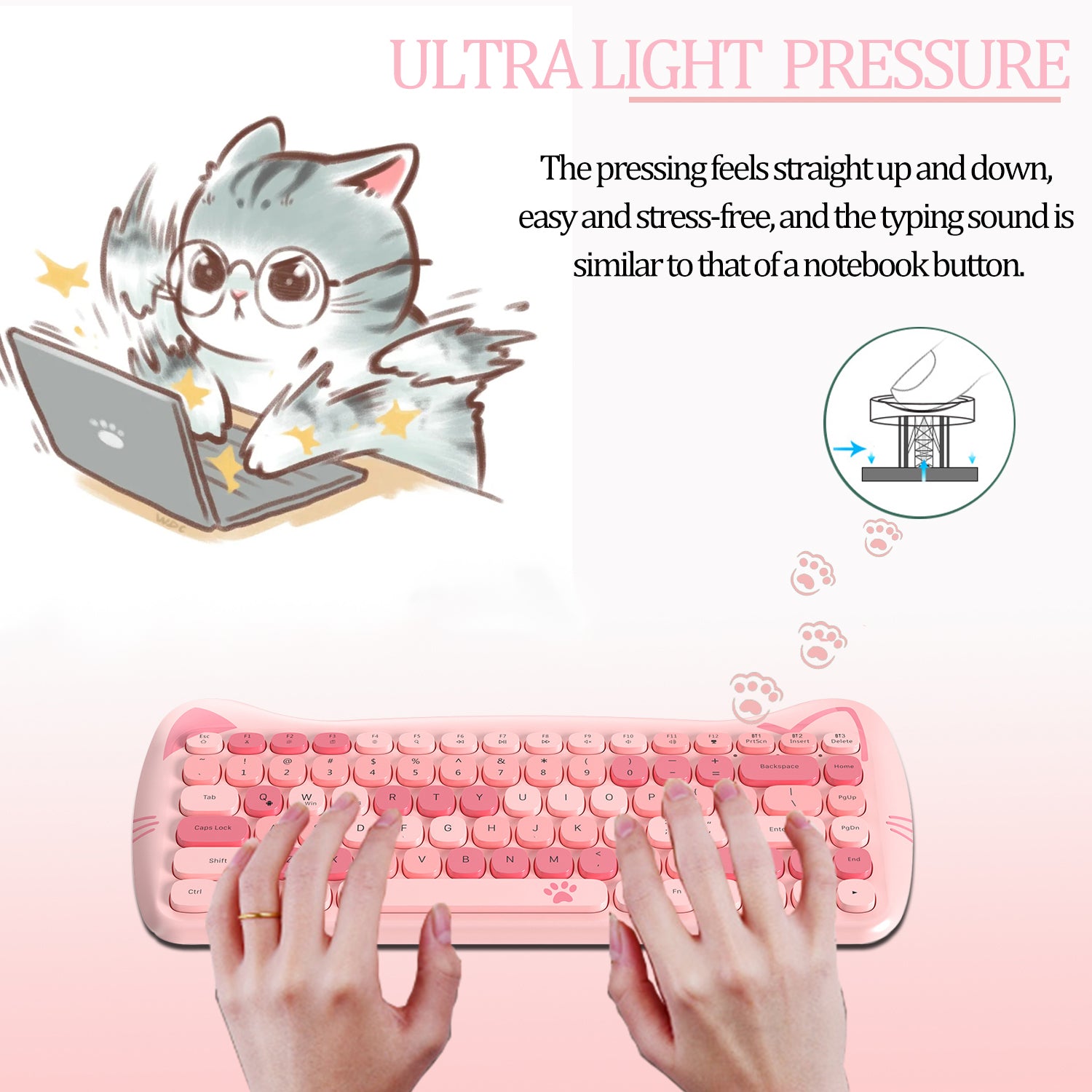 AJAZZ 3060i Wireless Cute Computer Keyboard Lovely Cat Silent Office Bluetooth Keyboard Retro Round Matte Texture Keycap for iPad Laptop