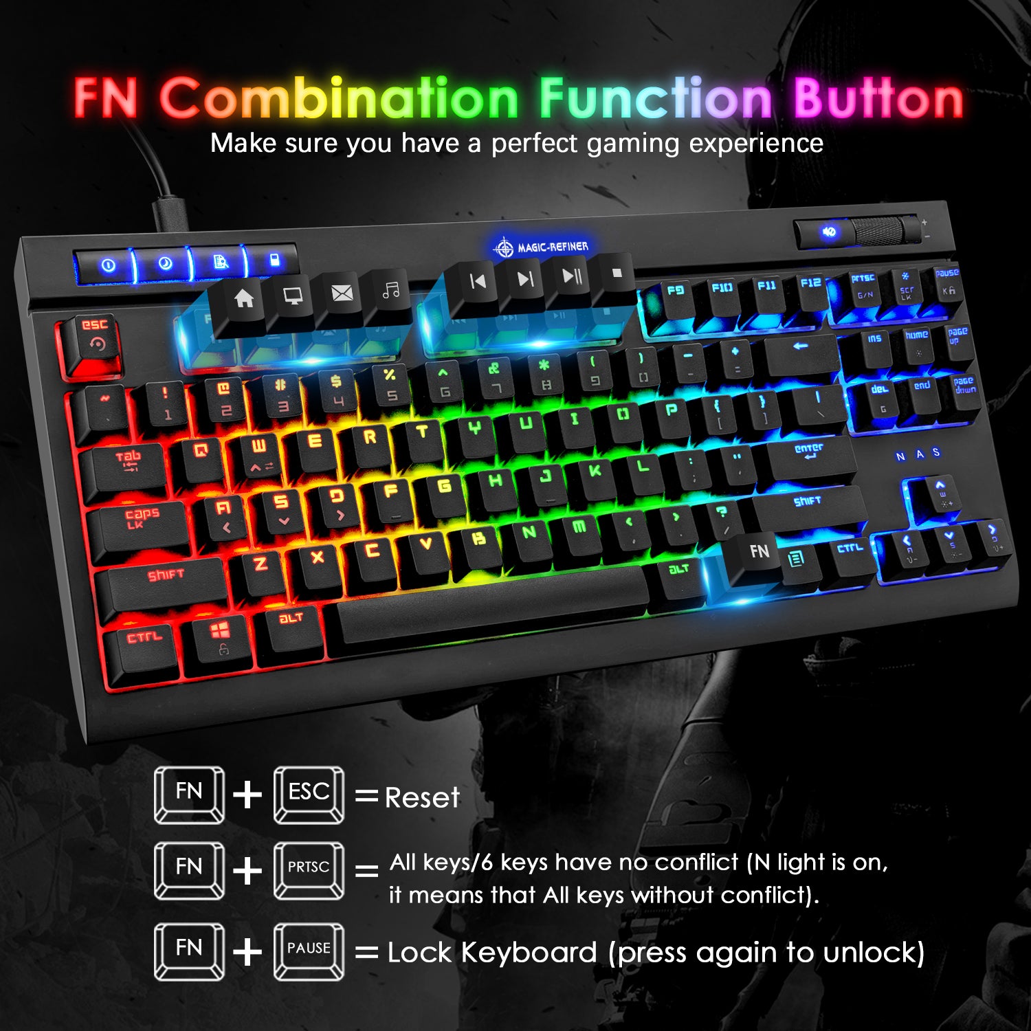 MAGIC-REFINER MK17 87 Key RGB Mechanical Gaming Keyboard, 18  RGB LED Backlit, Multimedia Digital Volume Wheel, full Keys All-ghosting-Blue Switches