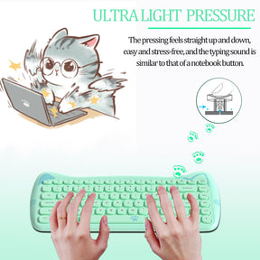 AJAZZ 3060i Wireless Cute Computer Keyboard Lovely Cat Silent Office Bluetooth Keyboard Retro Round Matte Texture Keycap for iPad Laptop