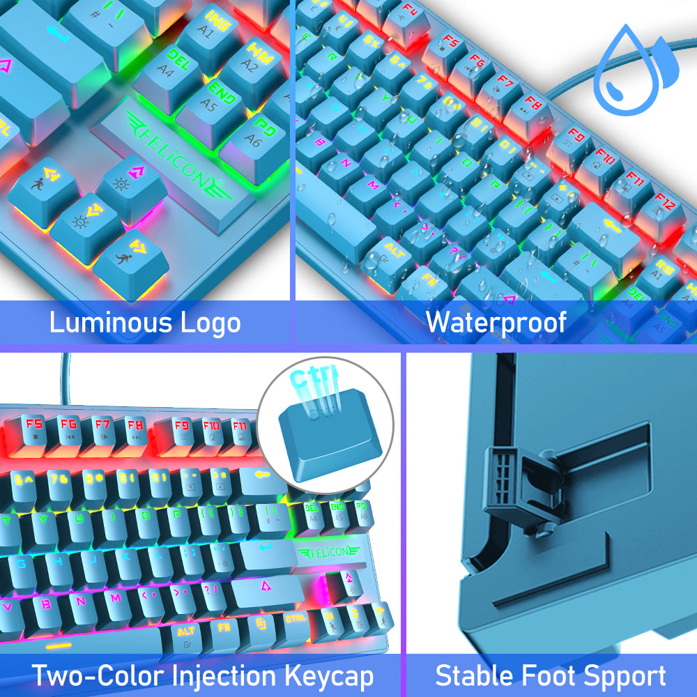 FELiCON K2 Wired 80% Percent Mechanical Gaming Keyboard UK Layout Rainbow Light Up Keyboard Compact 88 Keys Ergonomic for PC Mac