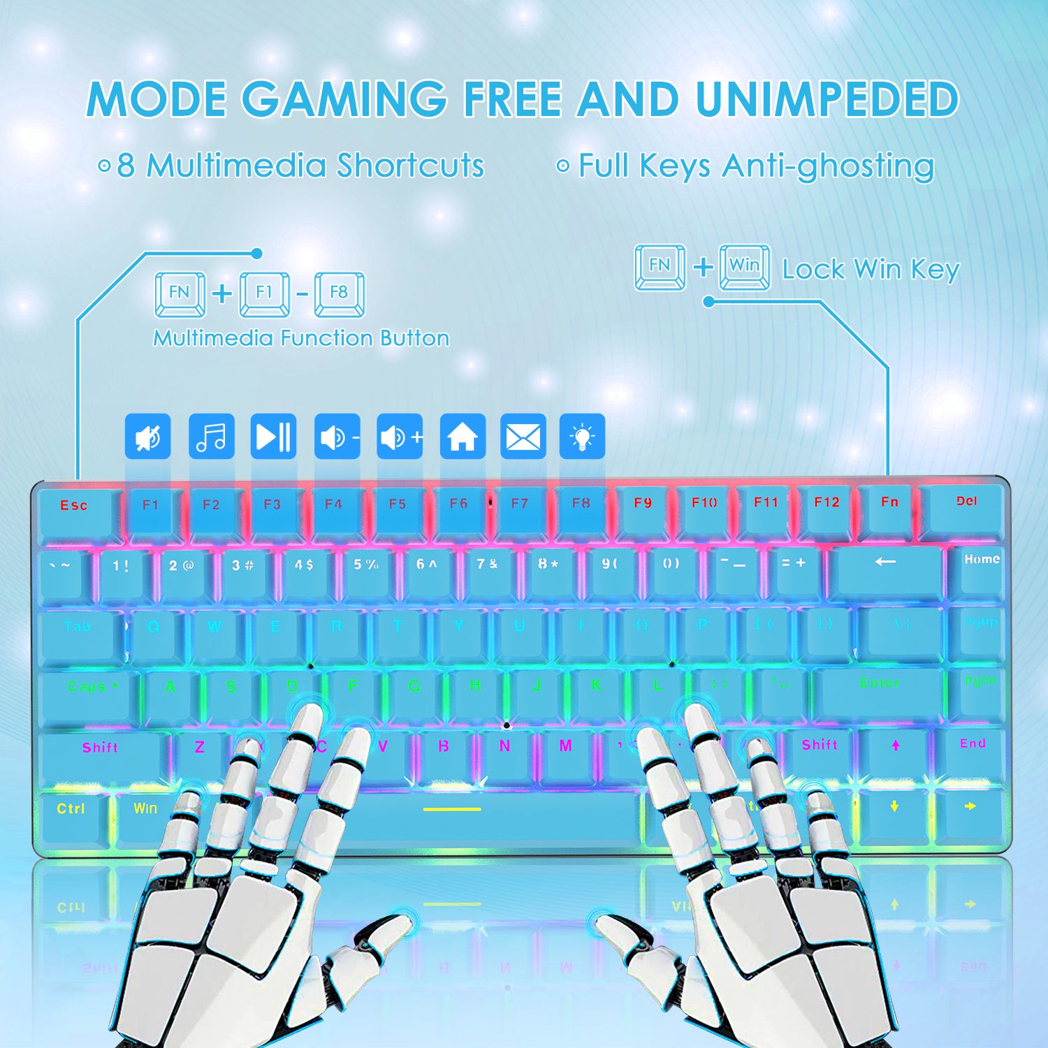 AJAZZ AK33 Gaming Mechanical Keyboard Type-C Computer Keyboard with Rainbow LED Backlit 82keys Anti-ghosting, Blue Switch