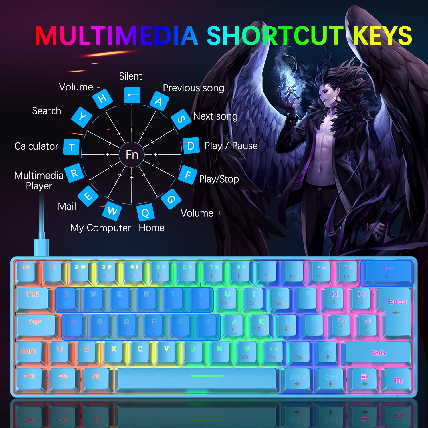 ZIYOU LANG T60 Mini 60% Percent Gaming Mechanical Keyboard UK Layout 19 Rainbow Light Up Compact Keyboard USB-C Cable for PC MAC