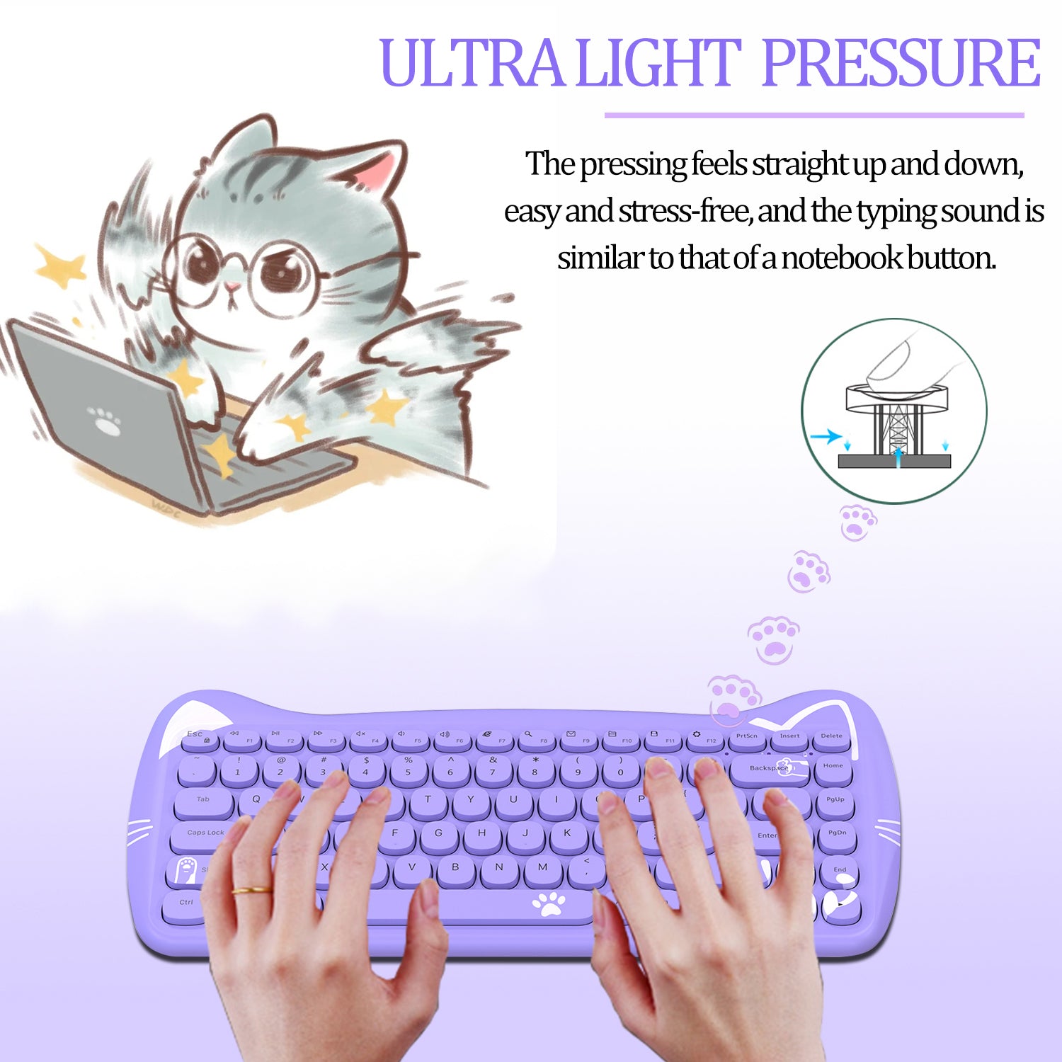 AJAZZ 3060i Wireless Cute Computer Keyboard Lovely Cat Silent Office Bluetooth Keyboard Retro Round Matte Texture Keycap for iPad Laptop