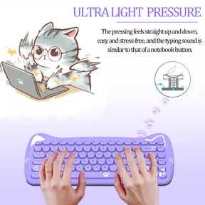 AJAZZ 3060i Wireless Cute Computer Keyboard Lovely Cat Silent Office Bluetooth Keyboard Retro Round Matte Texture Keycap for iPad Laptop