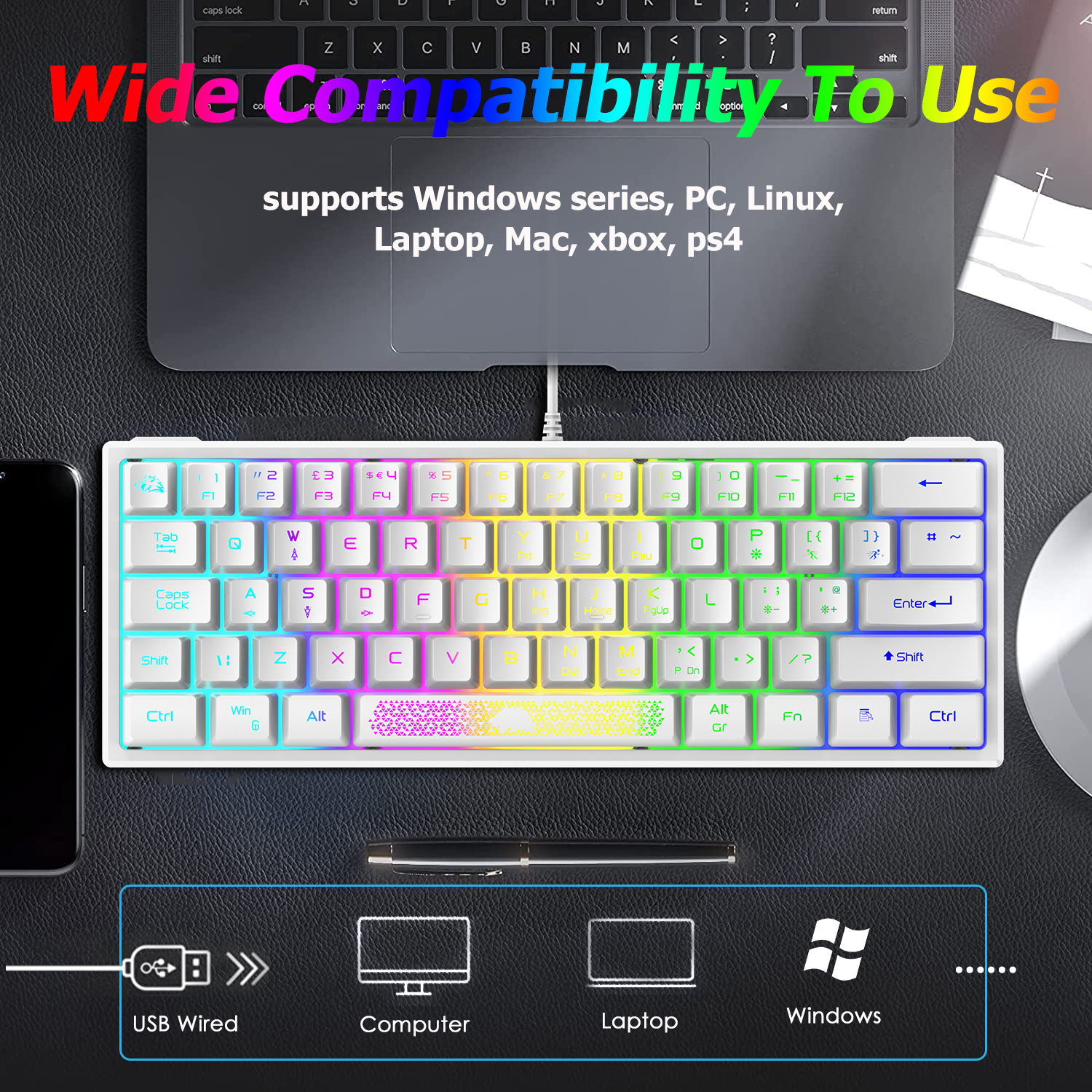 ZIYOU LANG K61 - 60 Percent Compact Gaming Keyboard UK Layout Ultralight LED Backlit Mechanical Feel PS4 Laptop PC Accessories