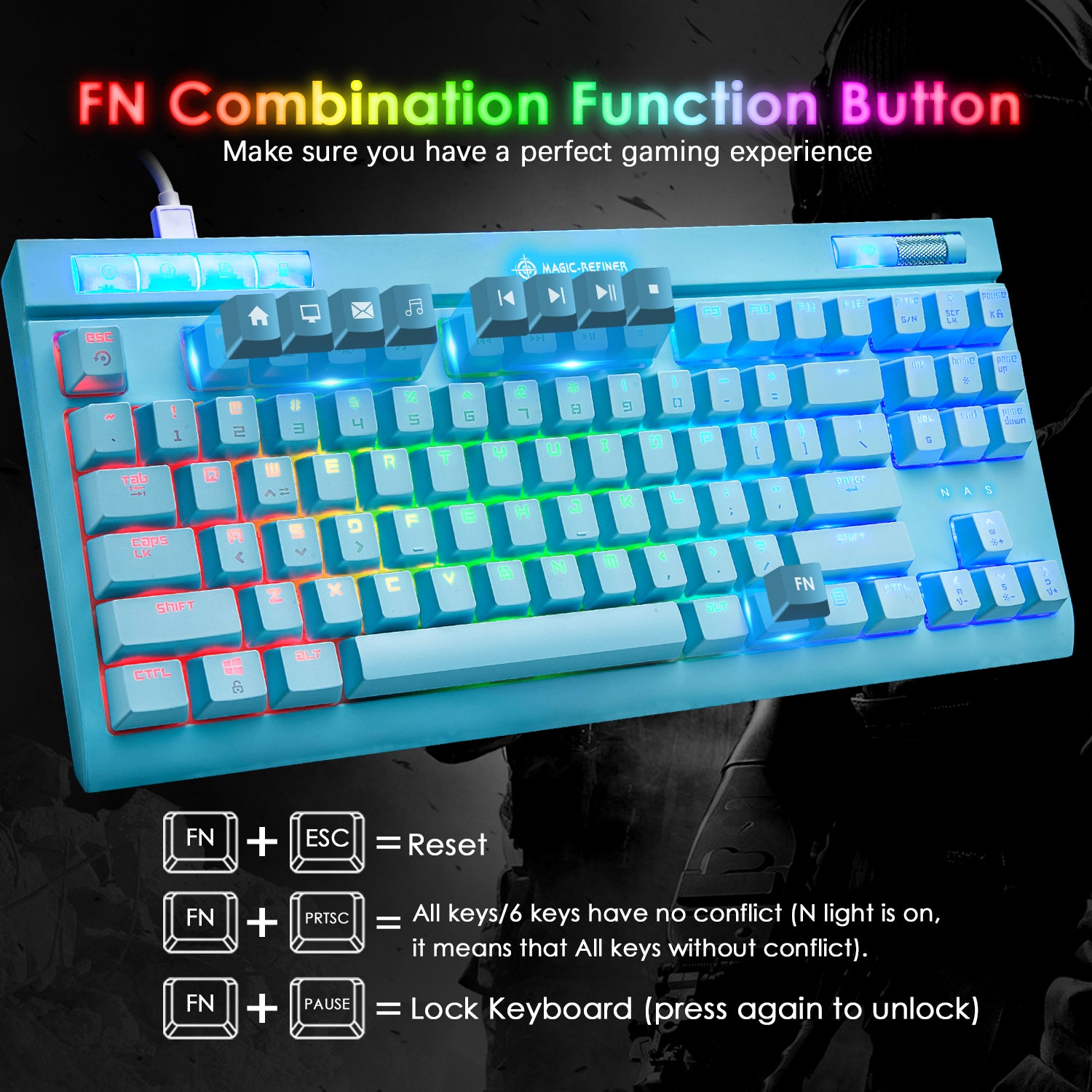 MAGIC-REFINER MK17 87 Key RGB Mechanical Gaming Keyboard, 18  RGB LED Backlit, Multimedia Digital Volume Wheel, full Keys All-ghosting-Blue Switches