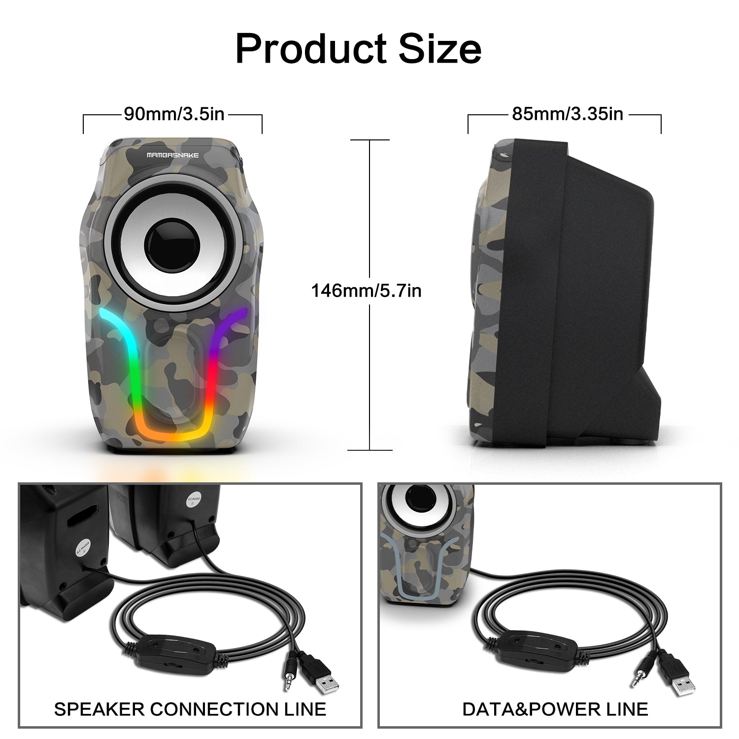 MAMBASNAKE CS-225 Stereo Volume Control Gaming Computer Speakers with 6 RGB Backlit Effect,USB Powered Wired Laptop Speakers with 3.5mm