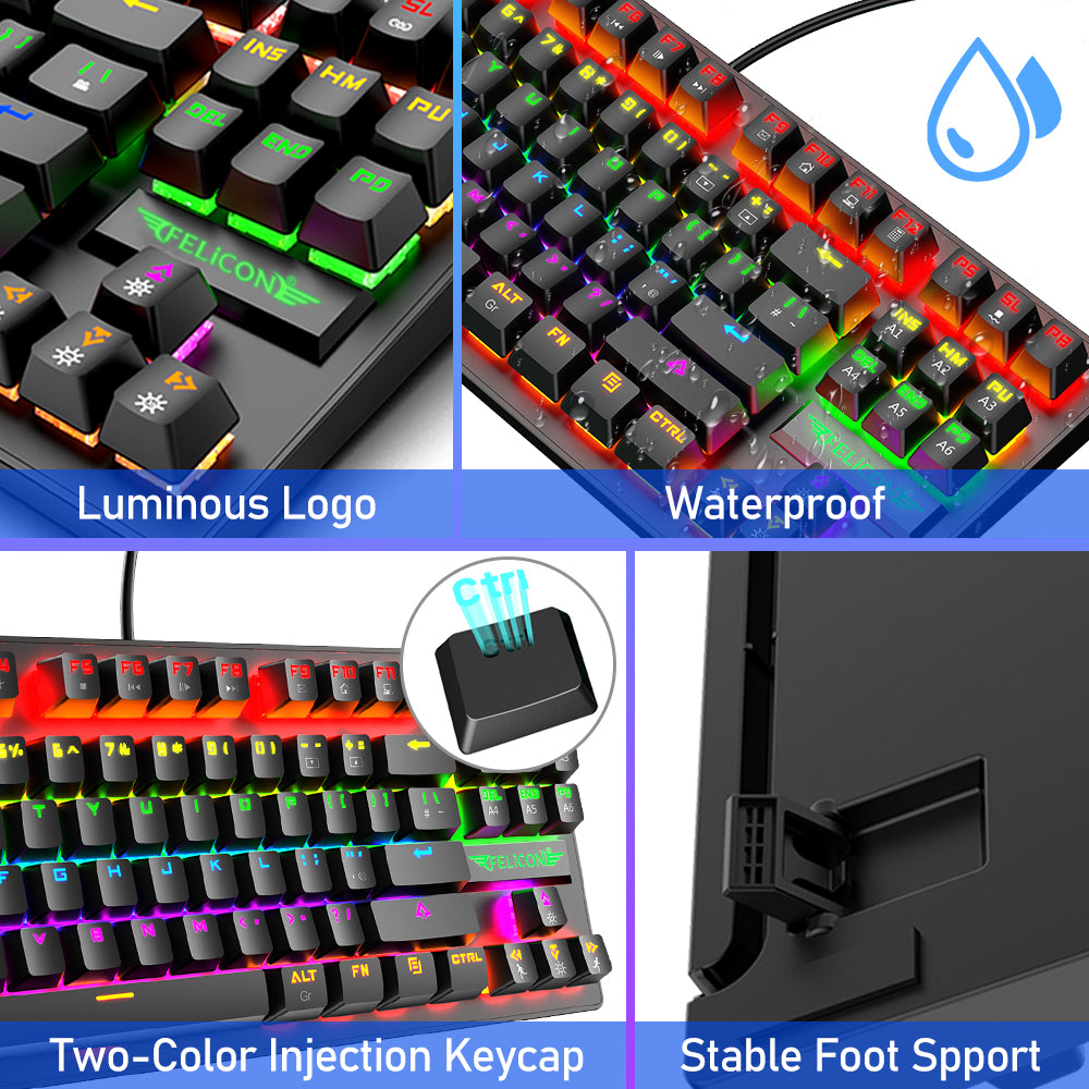 FELiCON K2 Wired 80% Percent Mechanical Gaming Keyboard UK Layout Rainbow Light Up Keyboard Compact 88 Keys Ergonomic for PC Mac