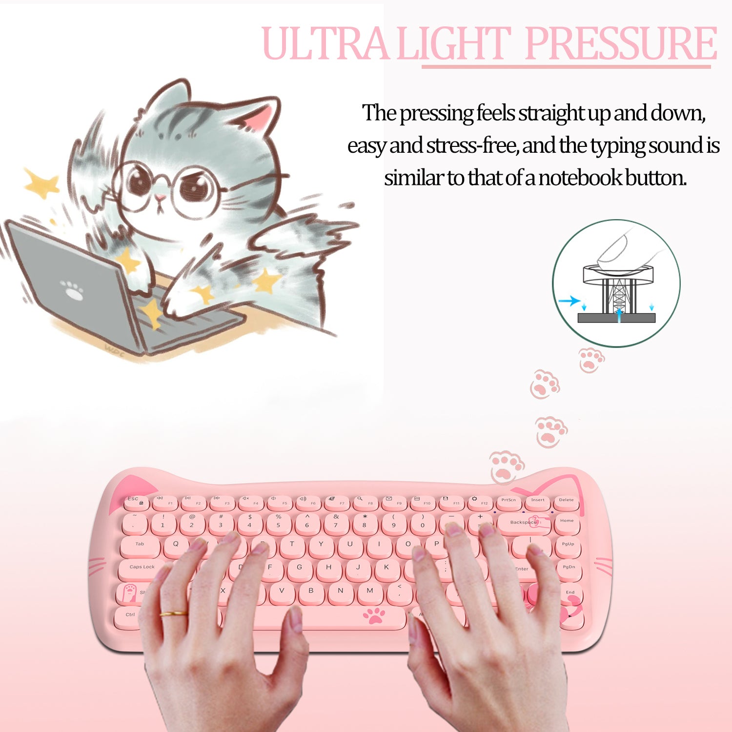 AJAZZ 3060i Wireless Cute Computer Keyboard Lovely Cat Silent Office Bluetooth Keyboard Retro Round Matte Texture Keycap for iPad Laptop