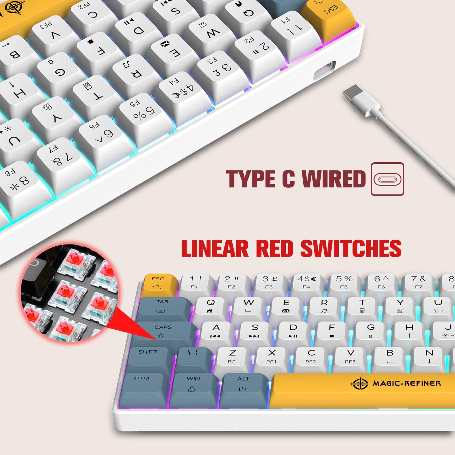 MAGIC-REFINER MK21 UK Layout 60% Mechanical Gaming Keyboard Mini Compact Wired Type C Dye-Sublimation PBT USB Water-resistant 14 Chroma RGB Illuminated