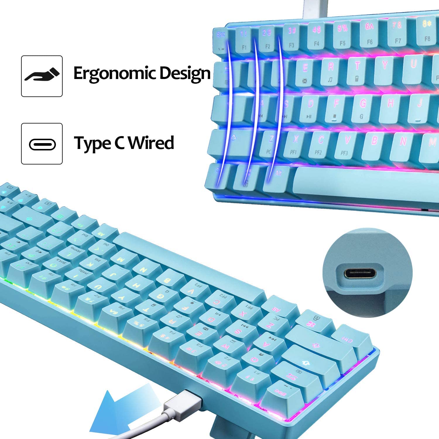 MAGIC-REFINER MK14 60% Mechanical Gaming Keyboard Type C Wired 68 Keys LED illuminated 18 Chroma RGB Lighting Clicky Switches Anti-ghosting